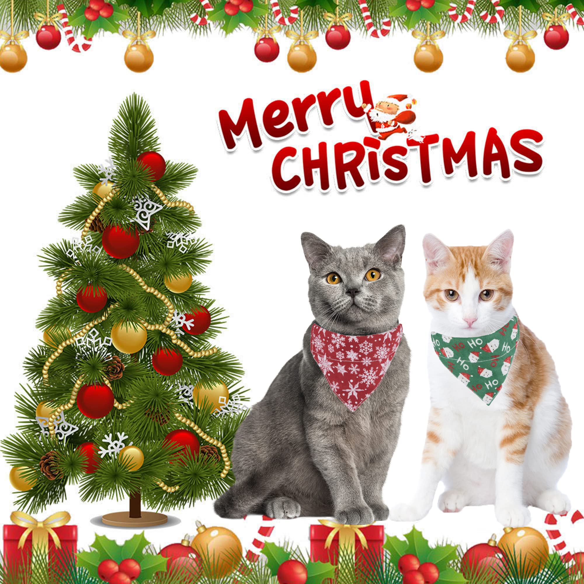Adoggygo Christmas Cat Collars With Bandana Bell, 2 Pack Adjustable Xmas Pet Bandana Collar With Removable Scarf, Red Green Chri