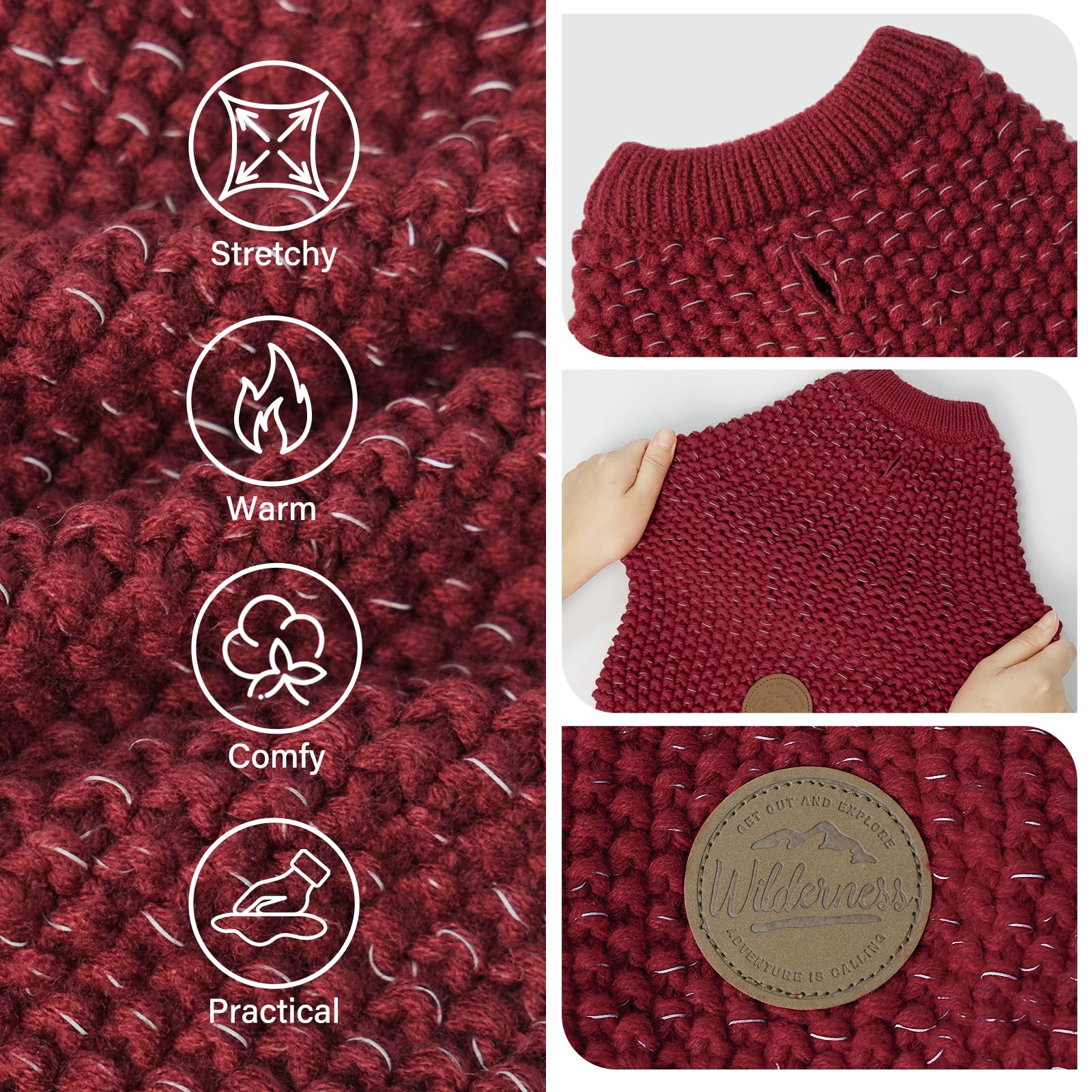 Kyeese Warm Dog Sweater - Comfortable Dog Coat With Leash Hole, Dark Red, L