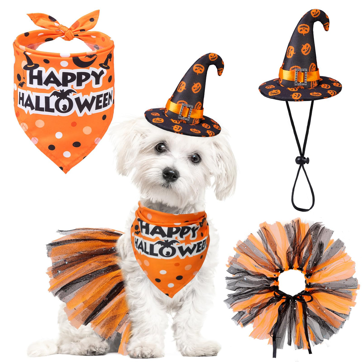 Scenereal Small Dog Halloween Costumes, Bandana Hat Dress Set, 3Pcs Puppy Party Supplies, Soft Triangle Scarf, Cute Tutu Skirt Outfit For Girl Boy Pet