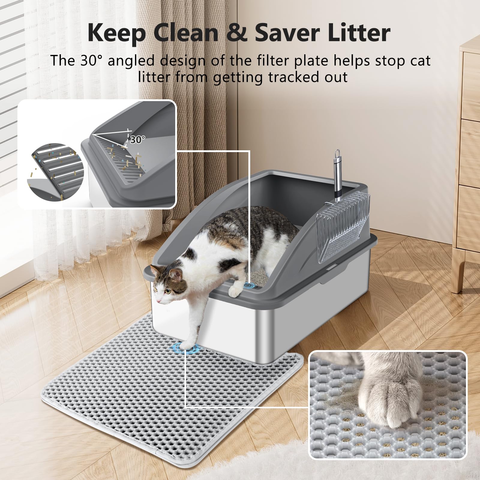 INVENHO Stainless Steel Litter Box - Extra Large, Gray, Anti-Urine Leakage, Includes Cat Mat & Scoop, Model INVENHO-1