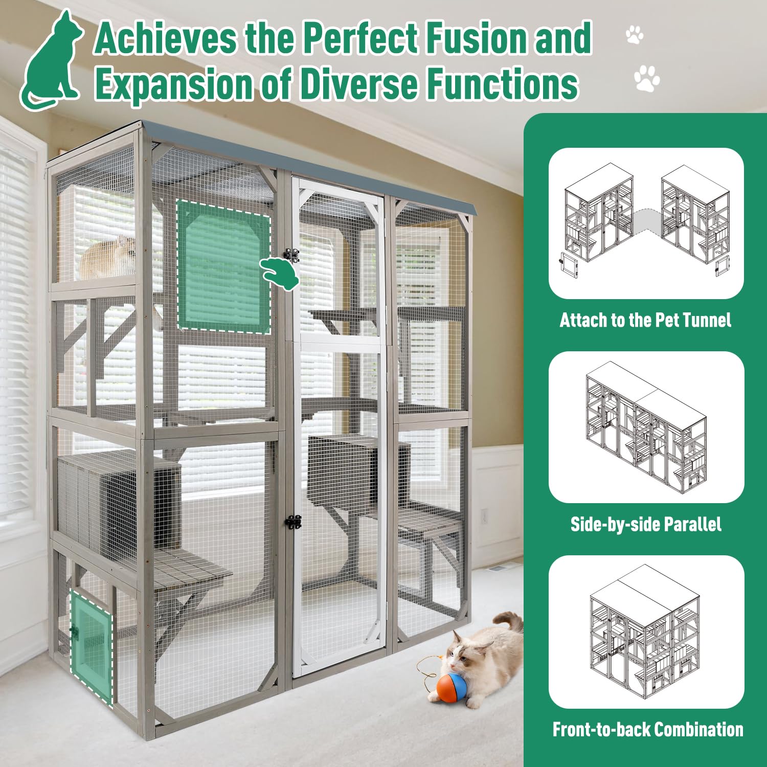 Petscosset Outdoor Cat Catio Enclosures Large Wooden Cat House Patio For Indoor Cats Feral Cat Shelter With 2 Espace Doors, 2 Re