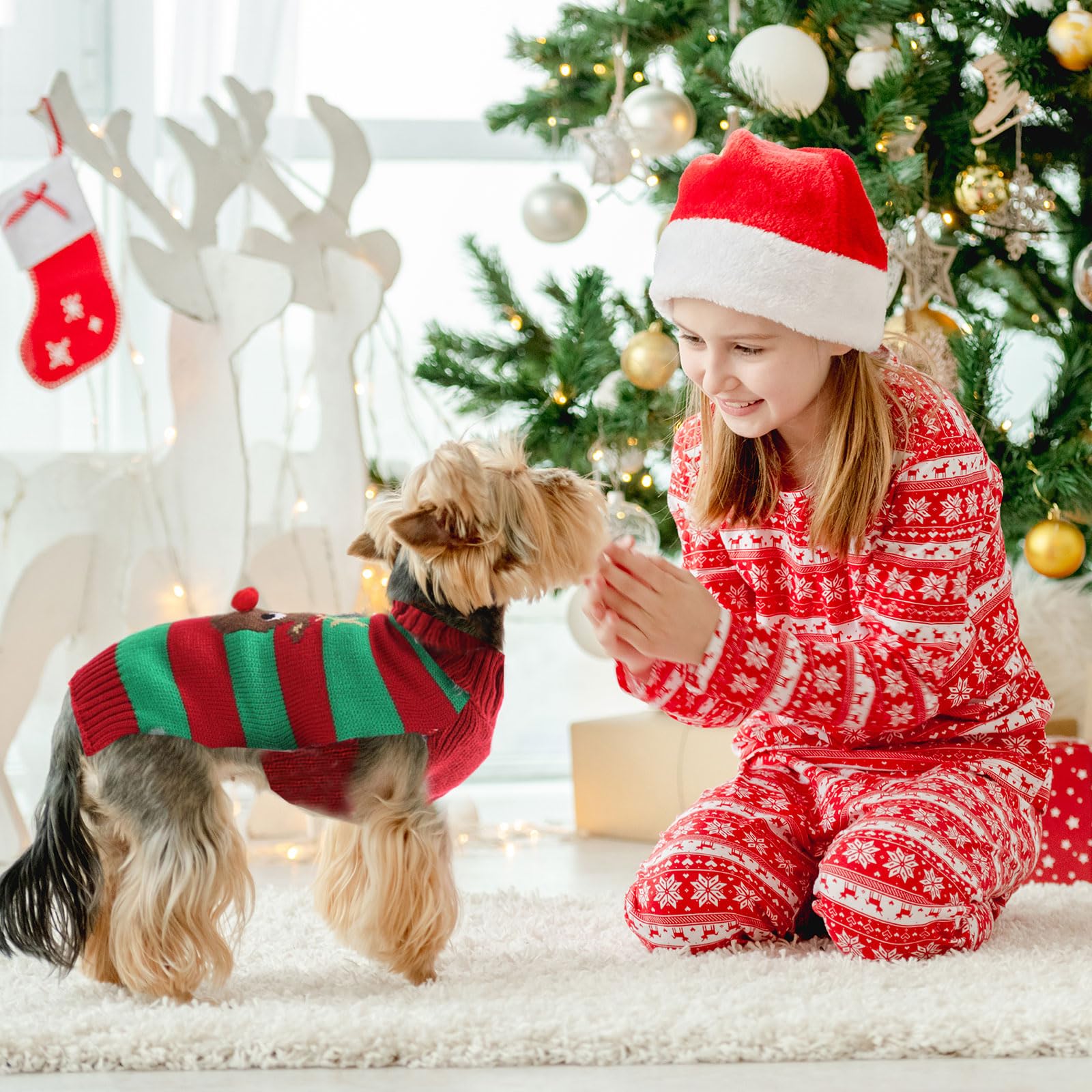 Axiijgl Small Dog Christmas Sweater - Reindeer Clothes For Dachshund, Chihuahua, Frenchie - Striped Soft Cat Sweater