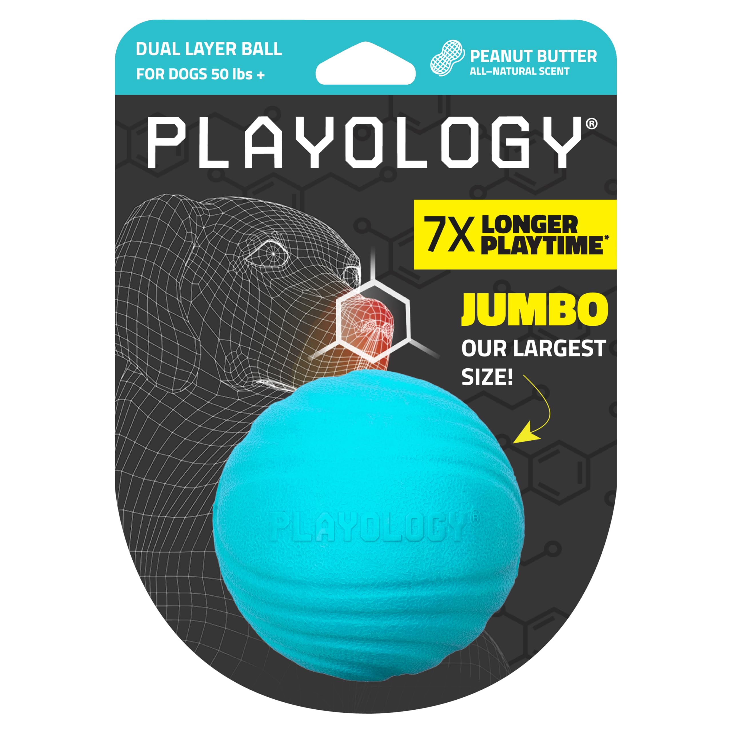 Playology Dual Layer Ball For Dogs | Engaging All Natural Peanut Butter Scented Blue Toy | Jumbo Sized Chew Ball For Large To X-