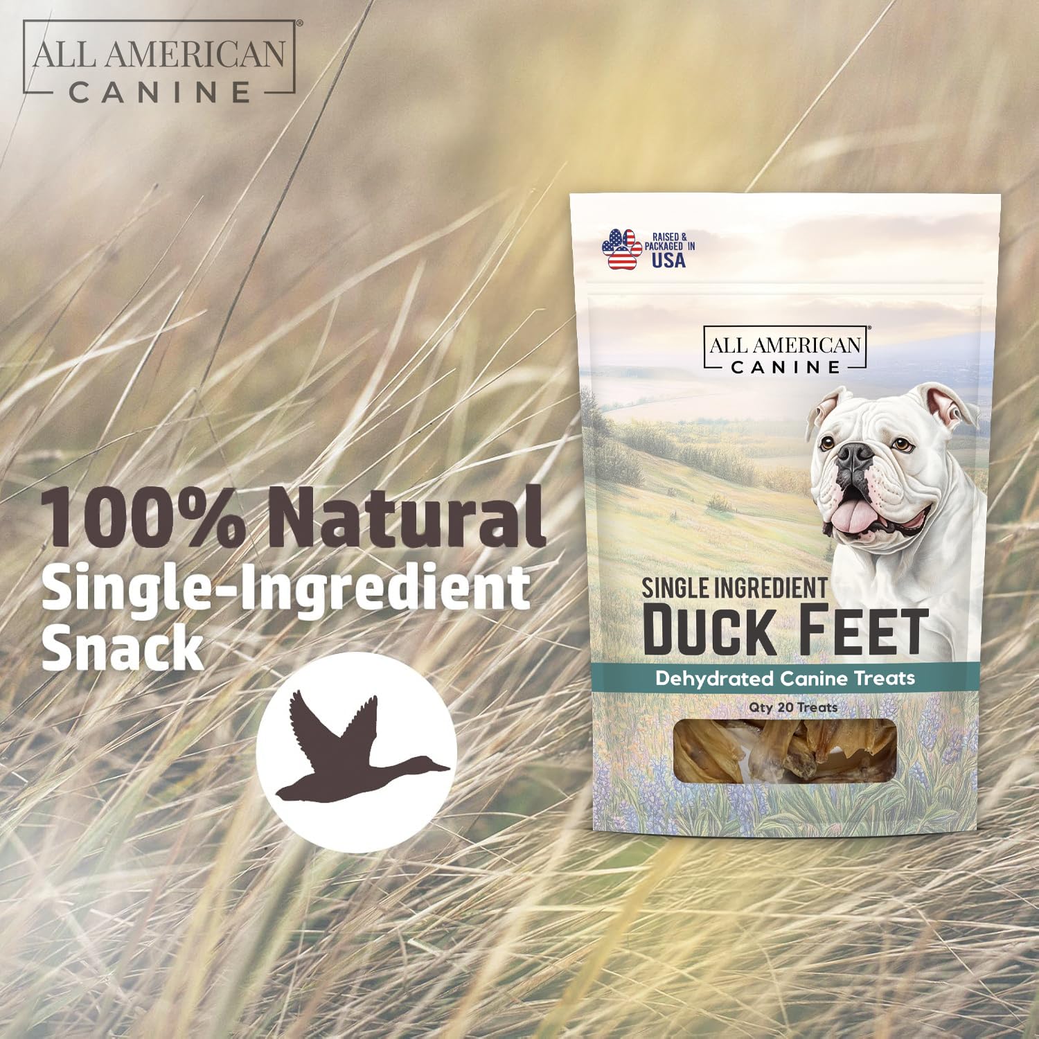 All American Canine Natural Duck Feet Dog Treats - Single Ingredient, Dehydrated & Digestible - Crunchy, Low-Fat, High-Protein C