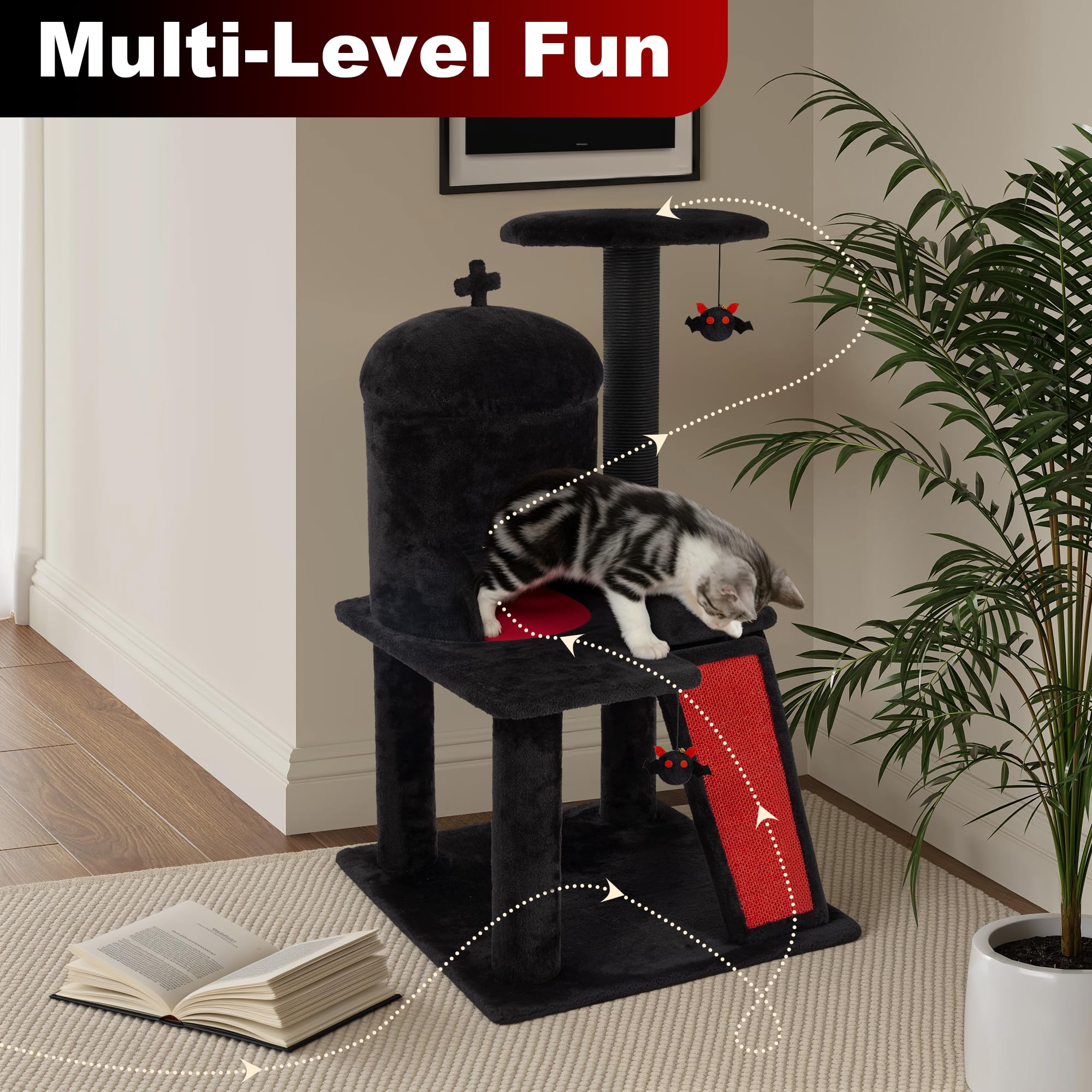 Kamaboko Gothic Cat Tree, 36.5In Black Cat Tower With Coffin Bed, Big Tall Cat Condo With Sisal Scratching Posts, Scratching Ram