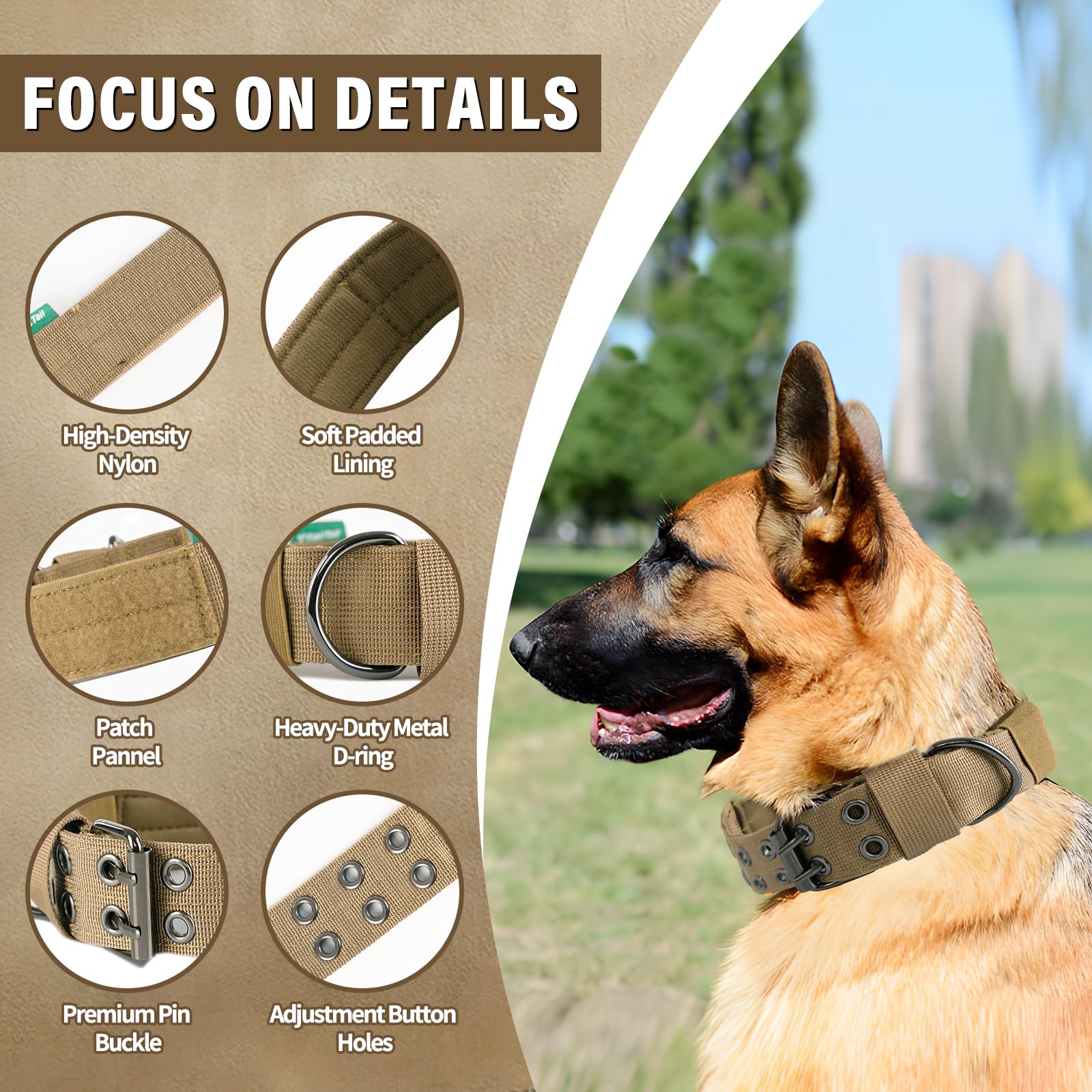 Heavy Duty Tactical Paracord Collar, Metal Buckle And Patches, Ideal For German Shepherd, Pitbull, Rottweiler (Green, L)