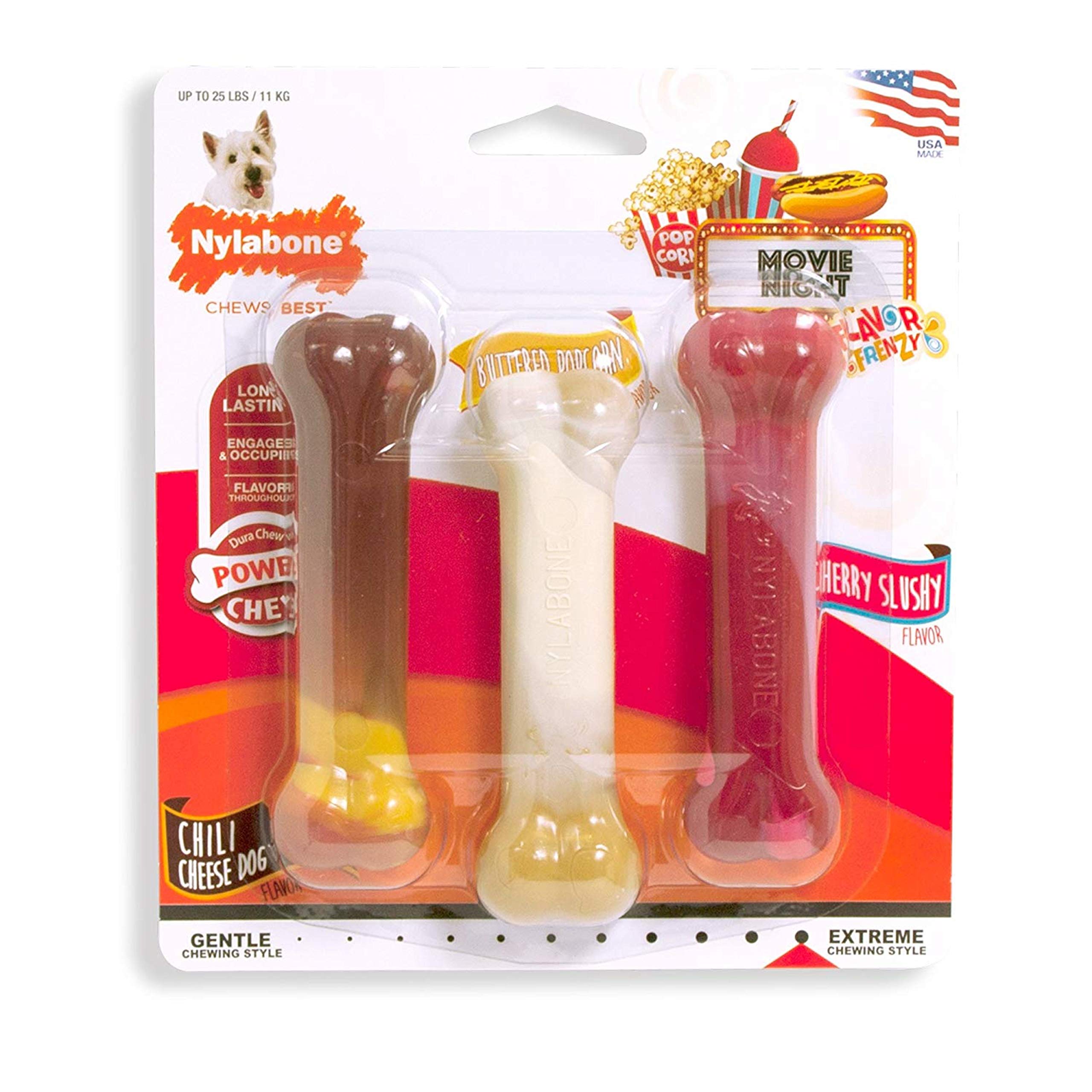 Nylabone Original Bone Power Chew Toy For Dogs, Durable Dog Toys For Aggressive Chewers, Flavor Frenzy Chili Cheese Dog, Popcorn, & Cherry, Small - Up To 25 Ibs, 3 Pack