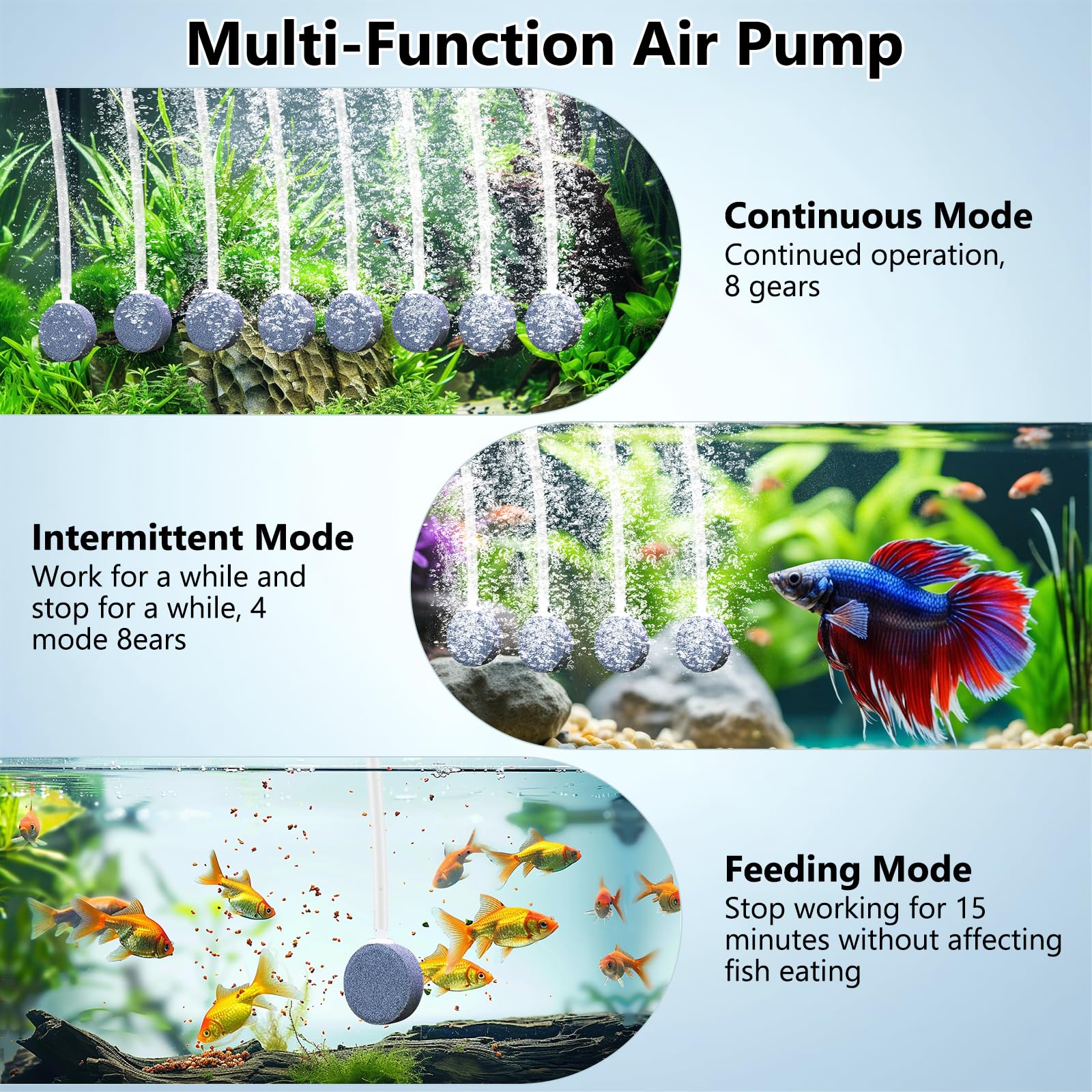 AQQA Multifunction Aquarium Air Pump,Powerful Rechargeable Battery Fish Tank Air Pump,Multi-Gear Continuous Mode+Intermittent Mo