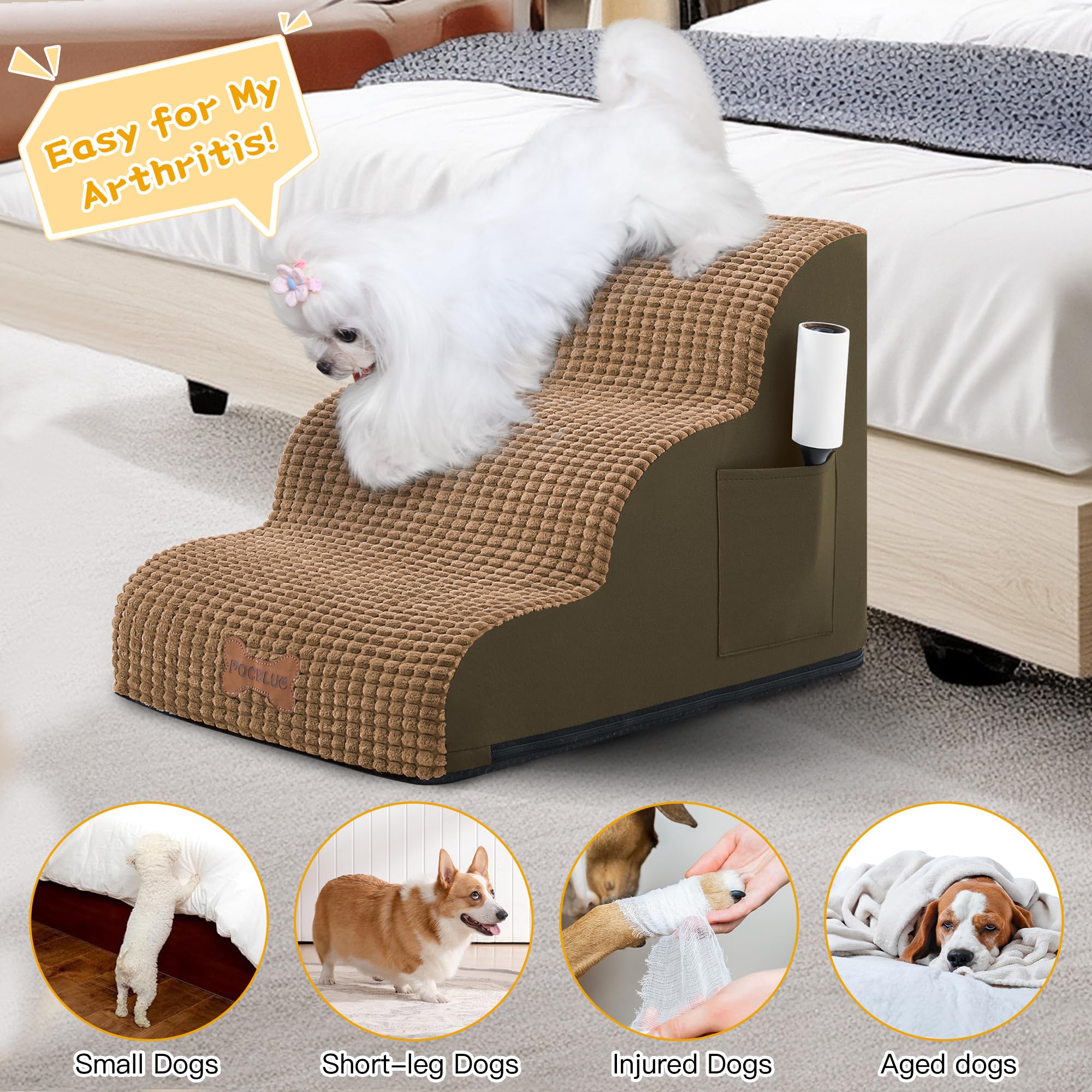 Dog Stairs For Small Dogs, Wide Pet Step With Removable Cover, No Assembly High Density Foam Cat Ramp For Bed Or Sofa, 5-Step, L