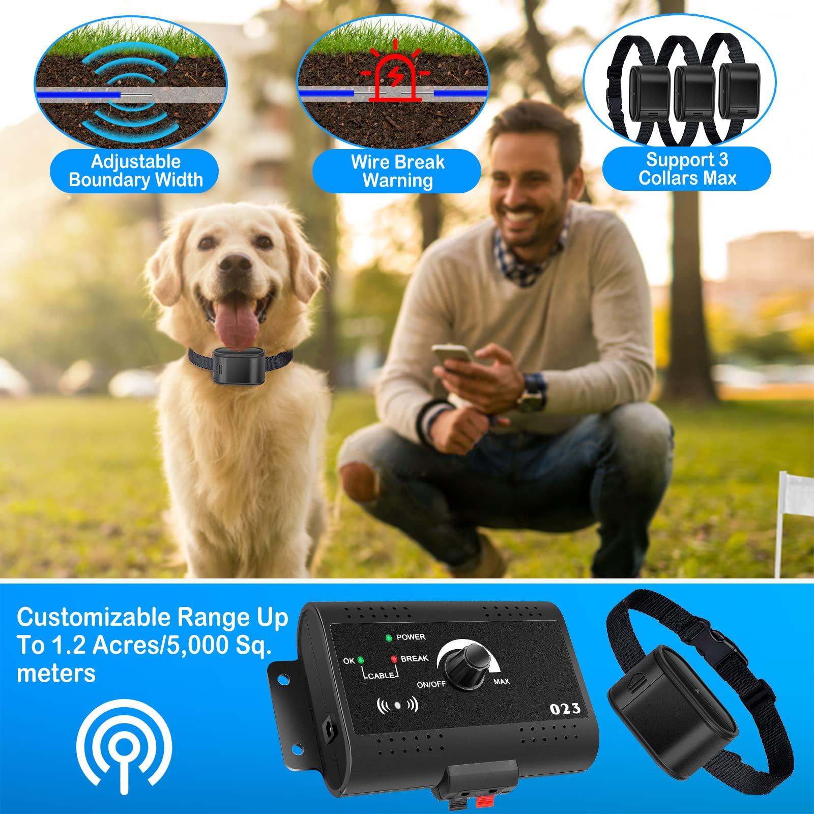Moclever Wireless Dog Fence System - 1.2 Acre Electric Pet Containment System W/Waterproof Shock Collar, Underground 984Ft Wire,
