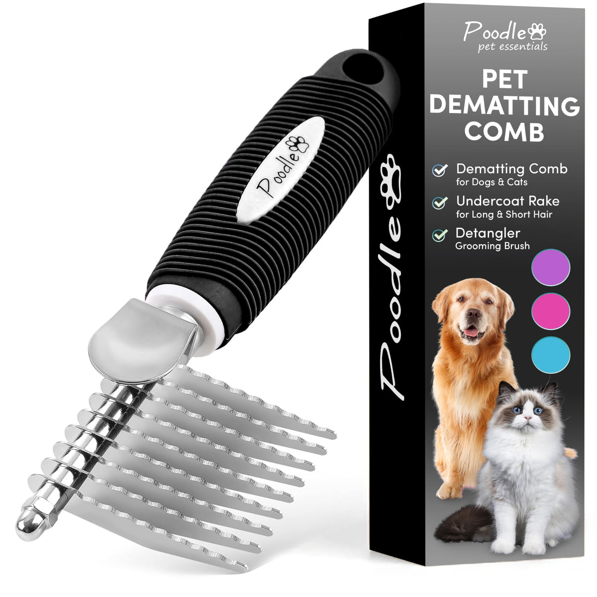 Poodle Pet Dematting Fur Rake Comb Brush Tool - Dog And Cat Comb With Long 2.5 Inches Steel Safety Blades For Detangling Matted 