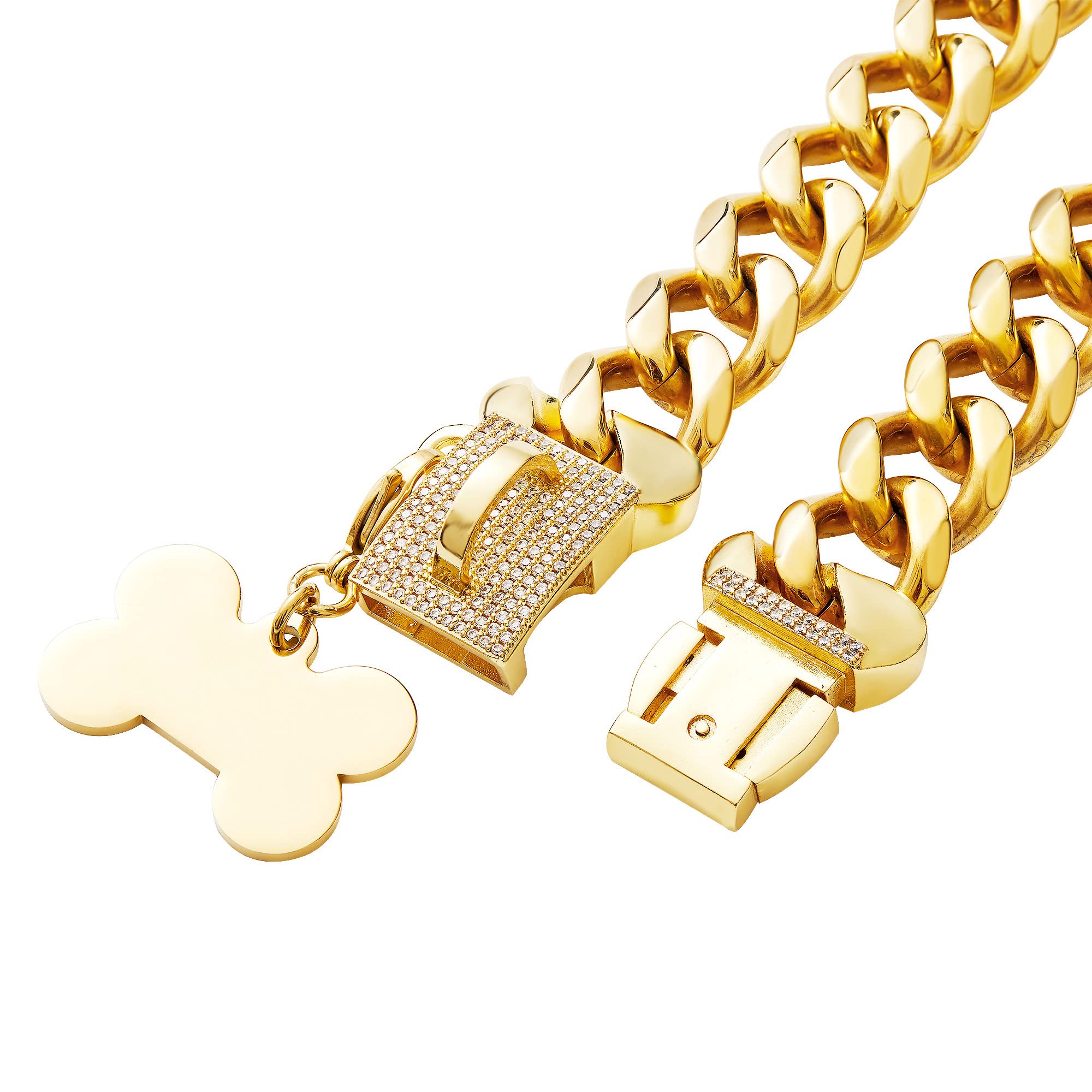 Stainless Steel Cuban Gold Link Heavy Duty Necklace Dog Collar For Small Medium Large Dogs, American Bully French Bulldog Dog Co