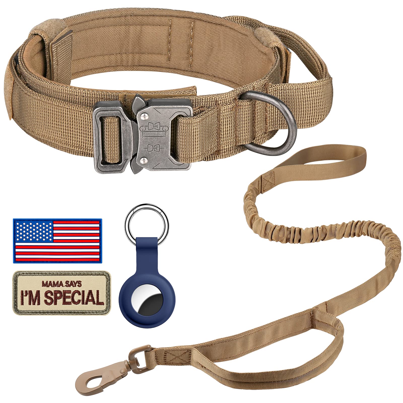 Daganxi Tactical Dog Collar, Adjustable Military Training Nylon Dog Collar With Control Handle And Heavy Metal Buckle For Medium And Large Dogs, With Patches And Airtags Case (Xxl, Brown-Set)