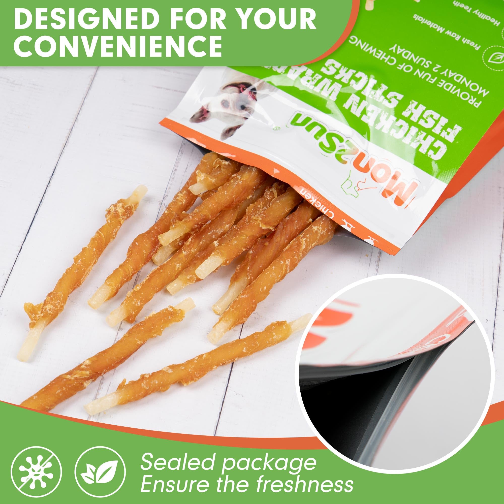 MON2SUN Rawhide Free Dog Treats Chicken Wrapped Cod Sticks for Small Dogs Healthy Training Treats Soft Snacks (14.11 Ounce -Pack