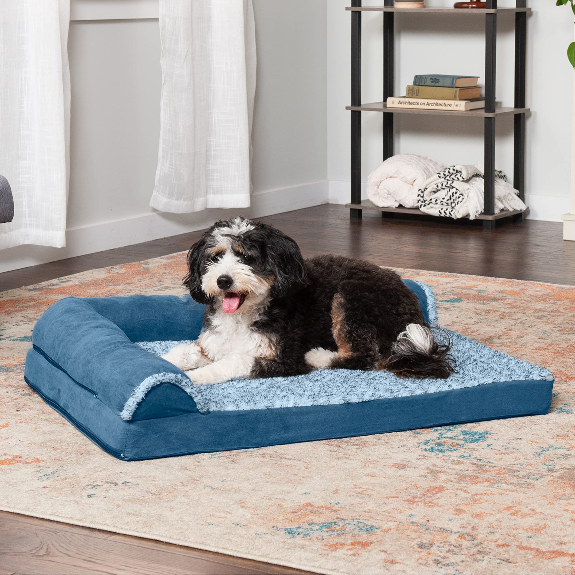 Furhaven Orthopedic Dog Bed For Large/Medium Dogs W/ Removable Bolsters & Washable Cover, For Dogs Up To 55 Lbs - Two-Tone Plush Faux Fur & Suede L Shaped Chaise - Marine Blue, Large
