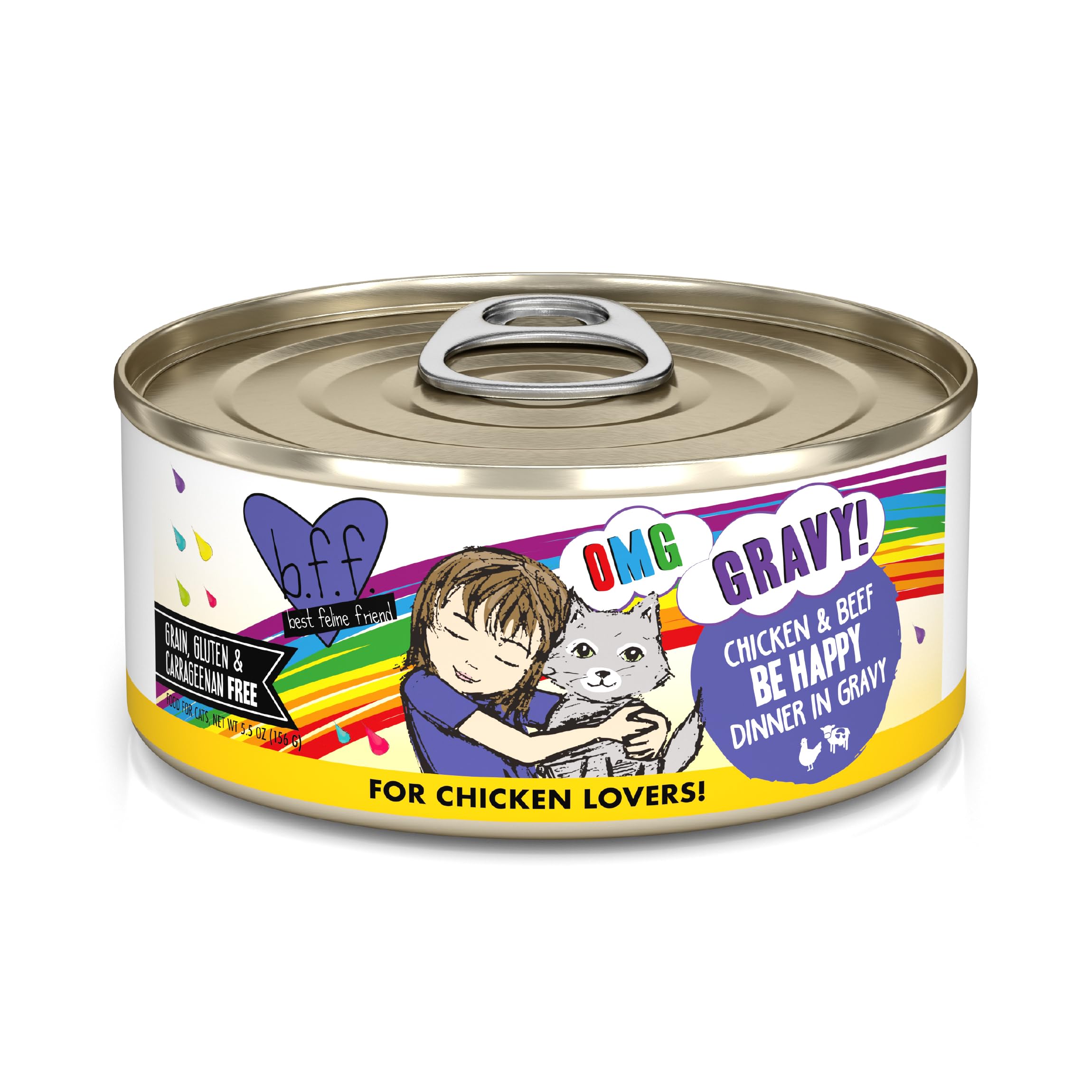 Weruva B.F.F. OMG - Best Feline Friend Oh My Gravy!, Chicken & Beef Be Happy with Chicken & Beef in Gravy, 5.5oz Can (Pack of 8)