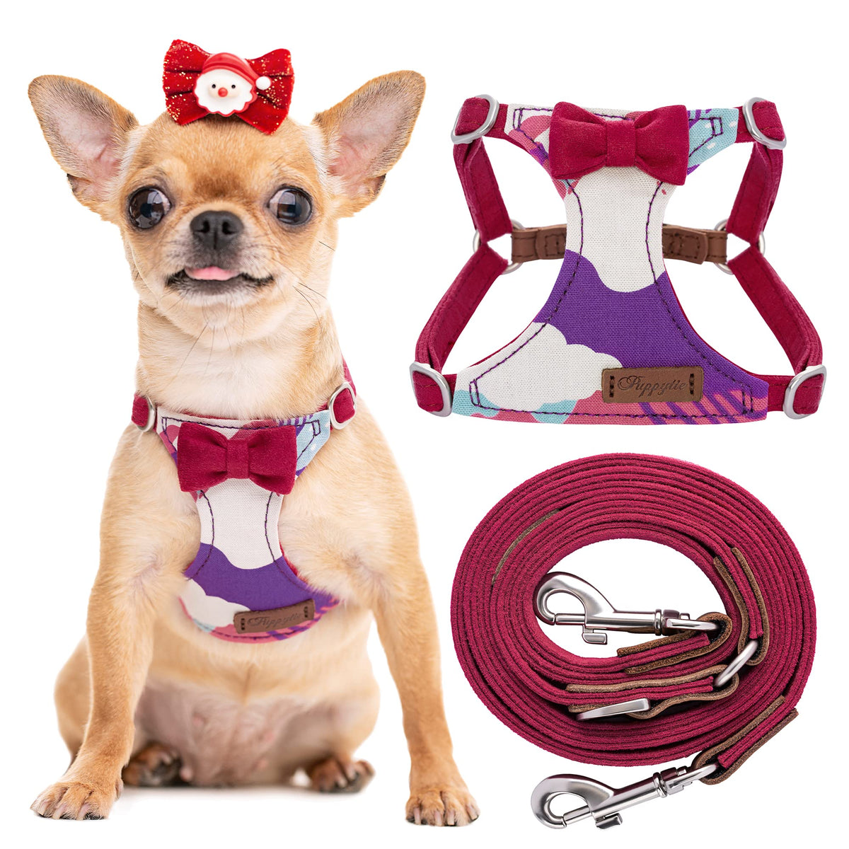 Puppytie No Pull Xs Dog Harness With Multifunction Dog Leash,Soft Adjustable No Choke Escape Proof Pet Harness Vest,Suede Bow Wi
