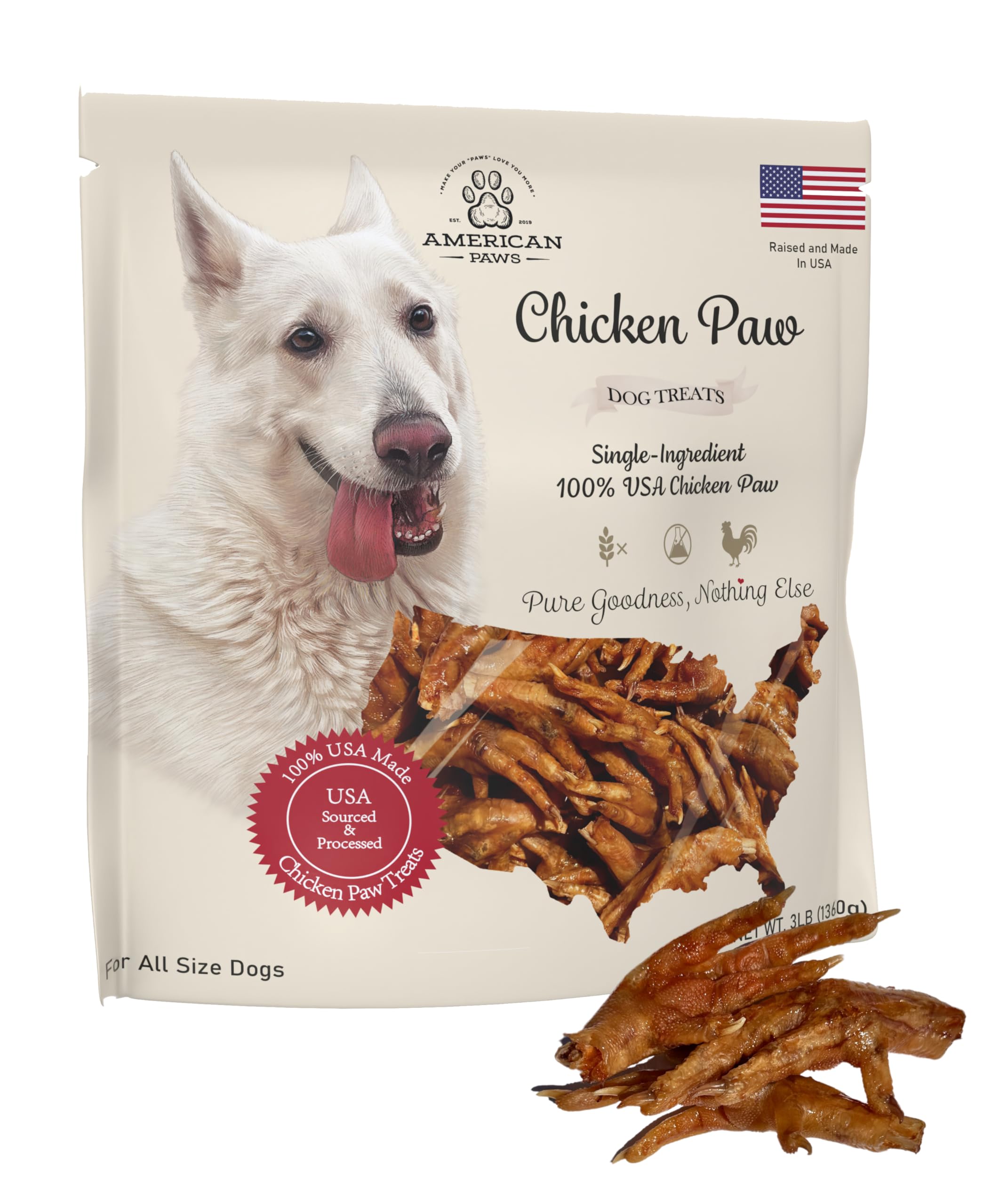 American Paws Dehydrated Chicken Feet Dog Treats, Only One Ingredient, No Additives, Made and Sourced in USA (3LB)