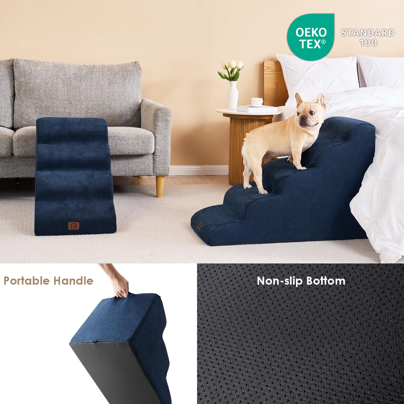 Eheyciga Curved Dog Stairs Ramp For High Beds 22.6' H, 5-Step Dog Steps For Small Dogs And Cats, Pet Stairs For High Bed Climbing, Non-Slip Balanced Pet Step Indoor, Navy