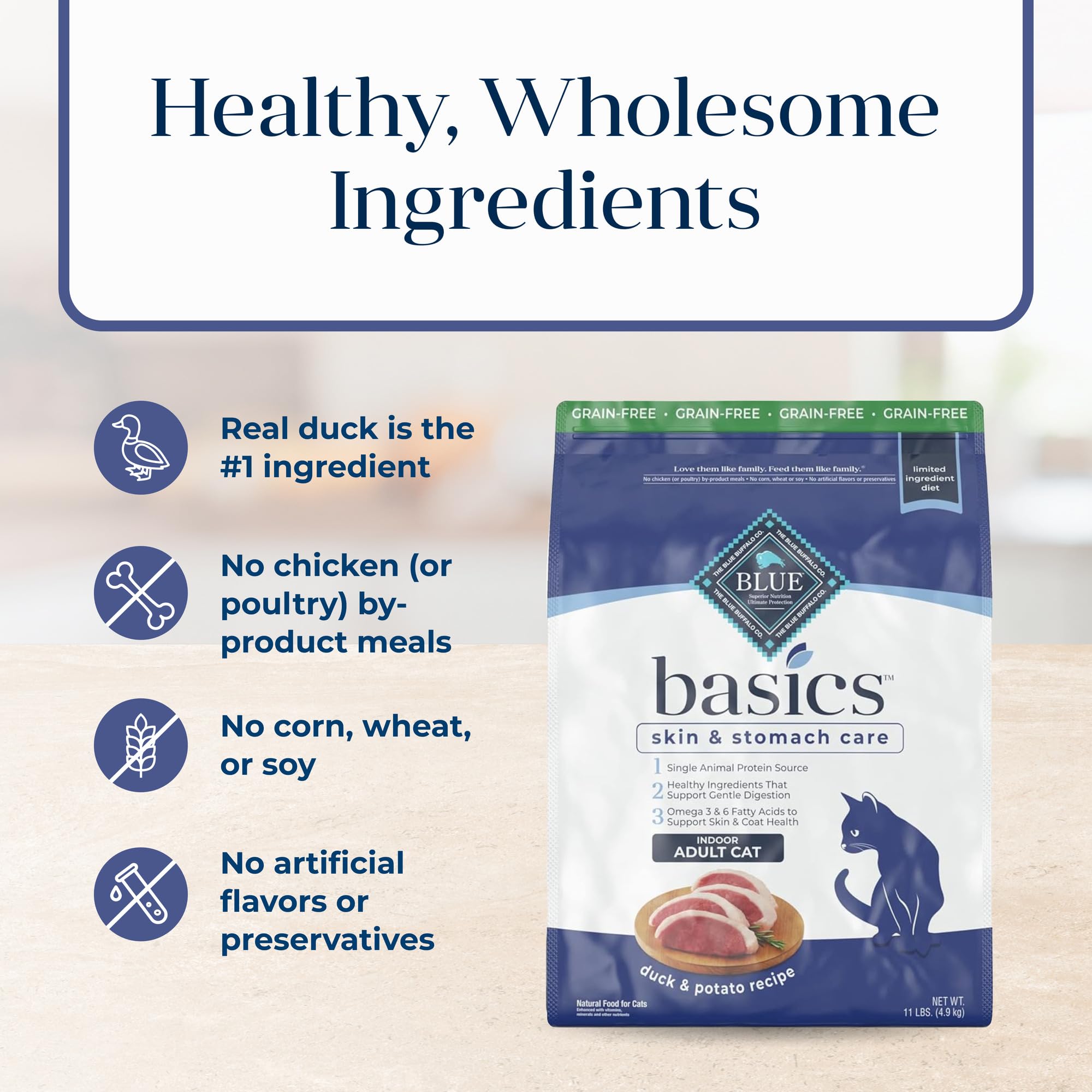 Blue Buffalo Basics Grain-Free Dry Cat Food, Skin & Stomach Care, Limited Ingredient Diet for Indoor Cats, Duck & Potato Recipe,