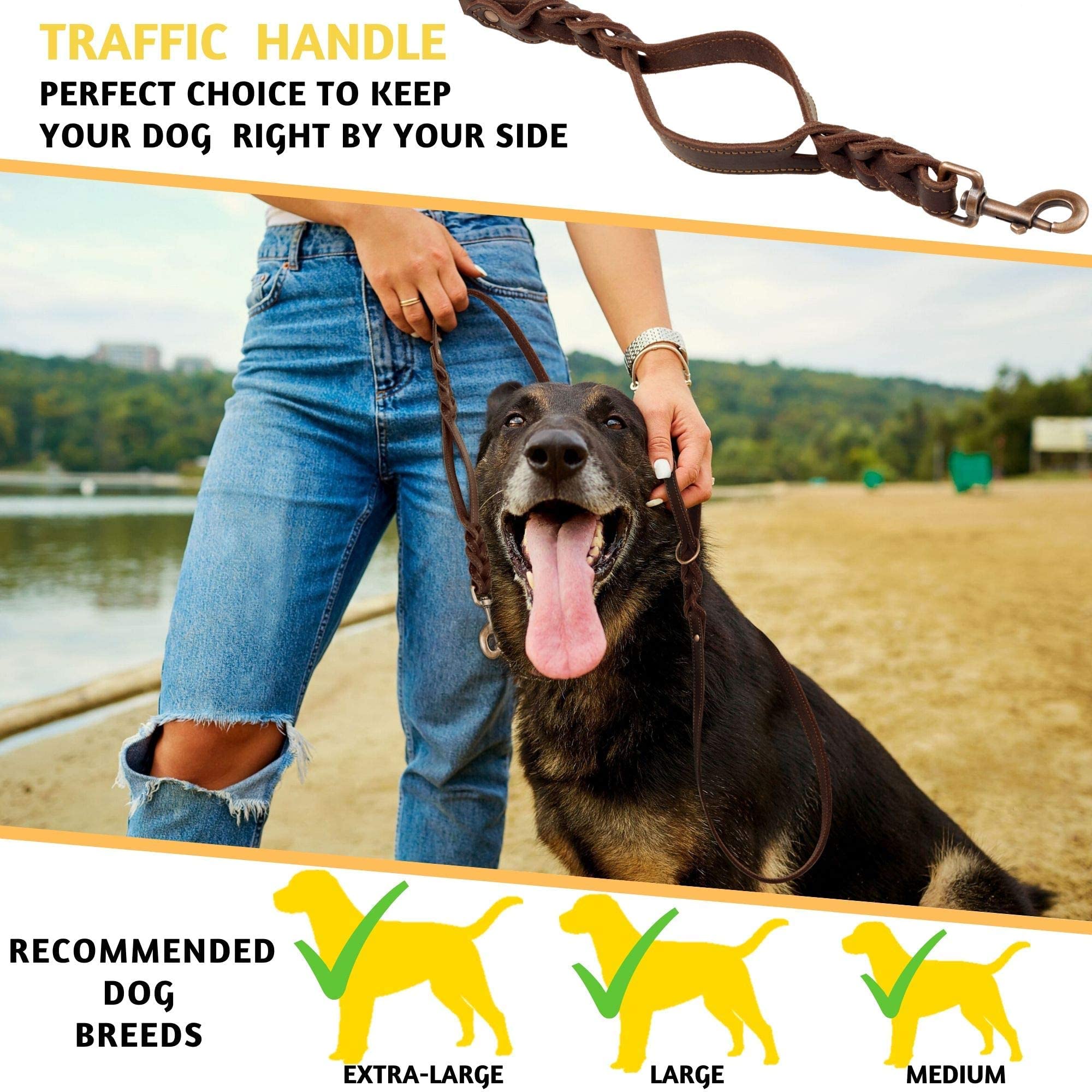 Adityna Double Handle Leather Dog Leash 6Ft X 3/4' - Heavy Duty Braided Dog Leash With Traffic Handle - Dog Lead For Training And Walking Large And Medium Dog Breeds (Brown, Two Handles 6 Foot X 3/4')