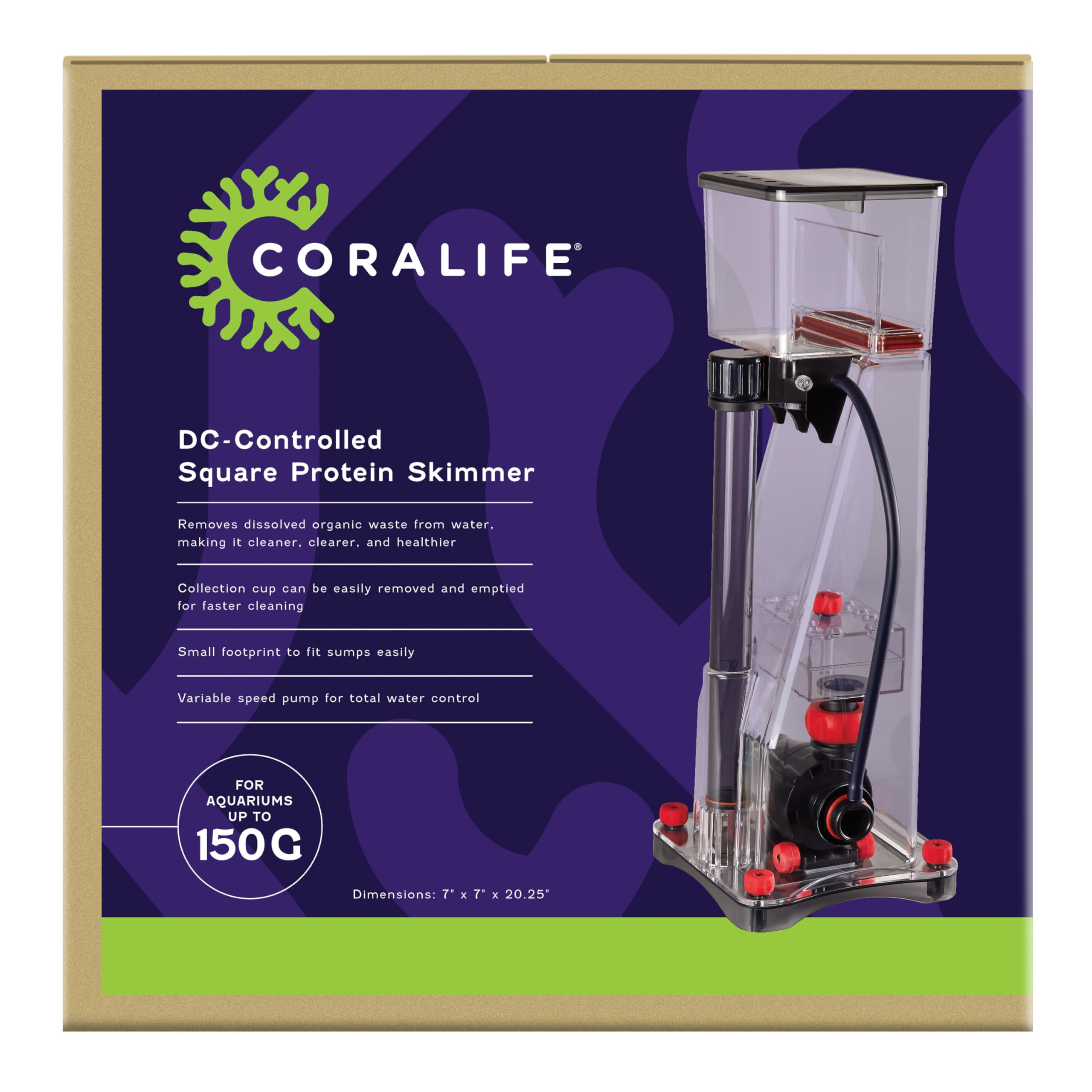 Coralife Aquarium Fish Tank Marine Salt Water DC-Controlled Variable Speed Square Protein Skimmer, Up To 150 Gallons
