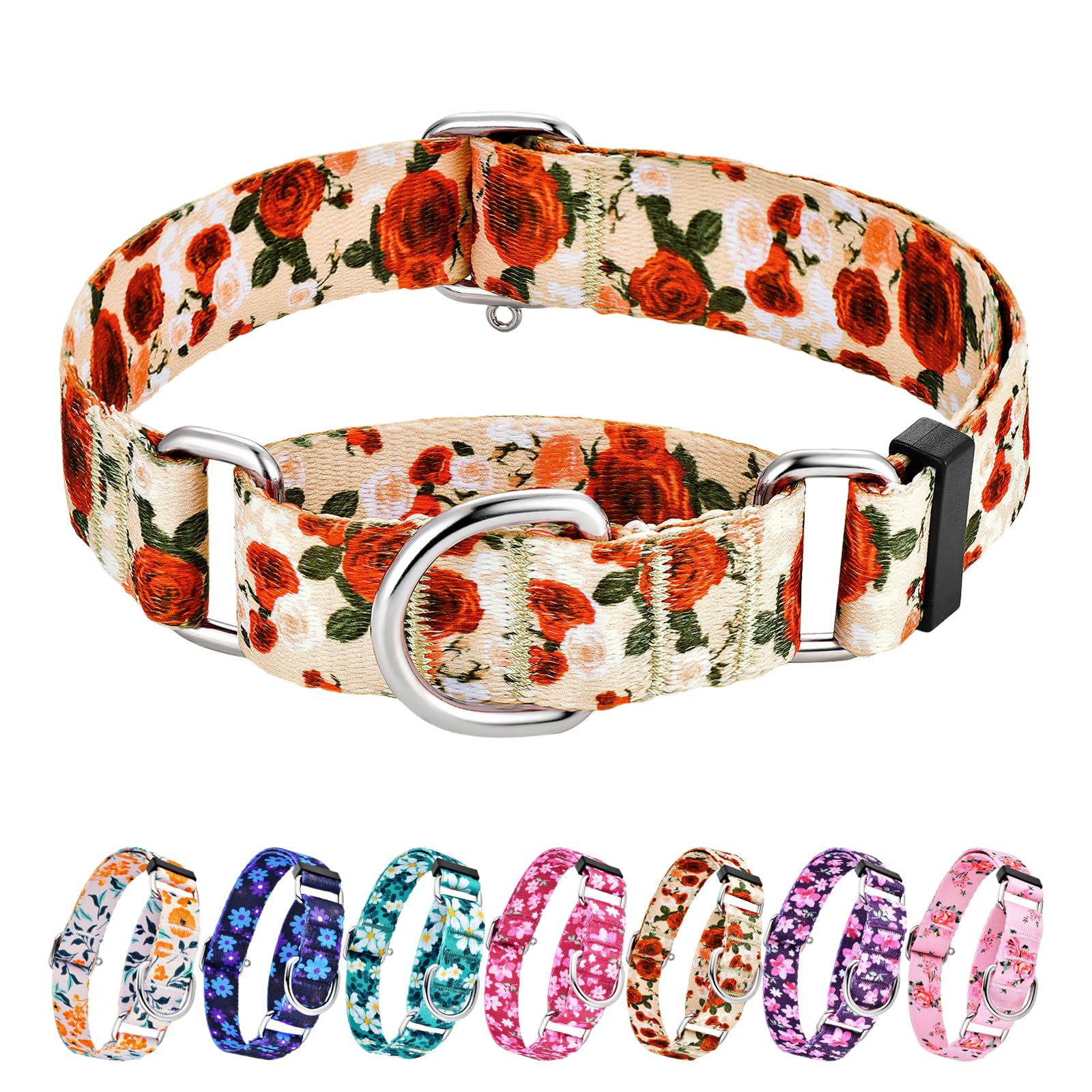 Hikiko Martingale Collar For Dogs With No Buckle Floral Designer Female Dog Collars Nylon No Pull Dog Collar For Large Dogs,Red 