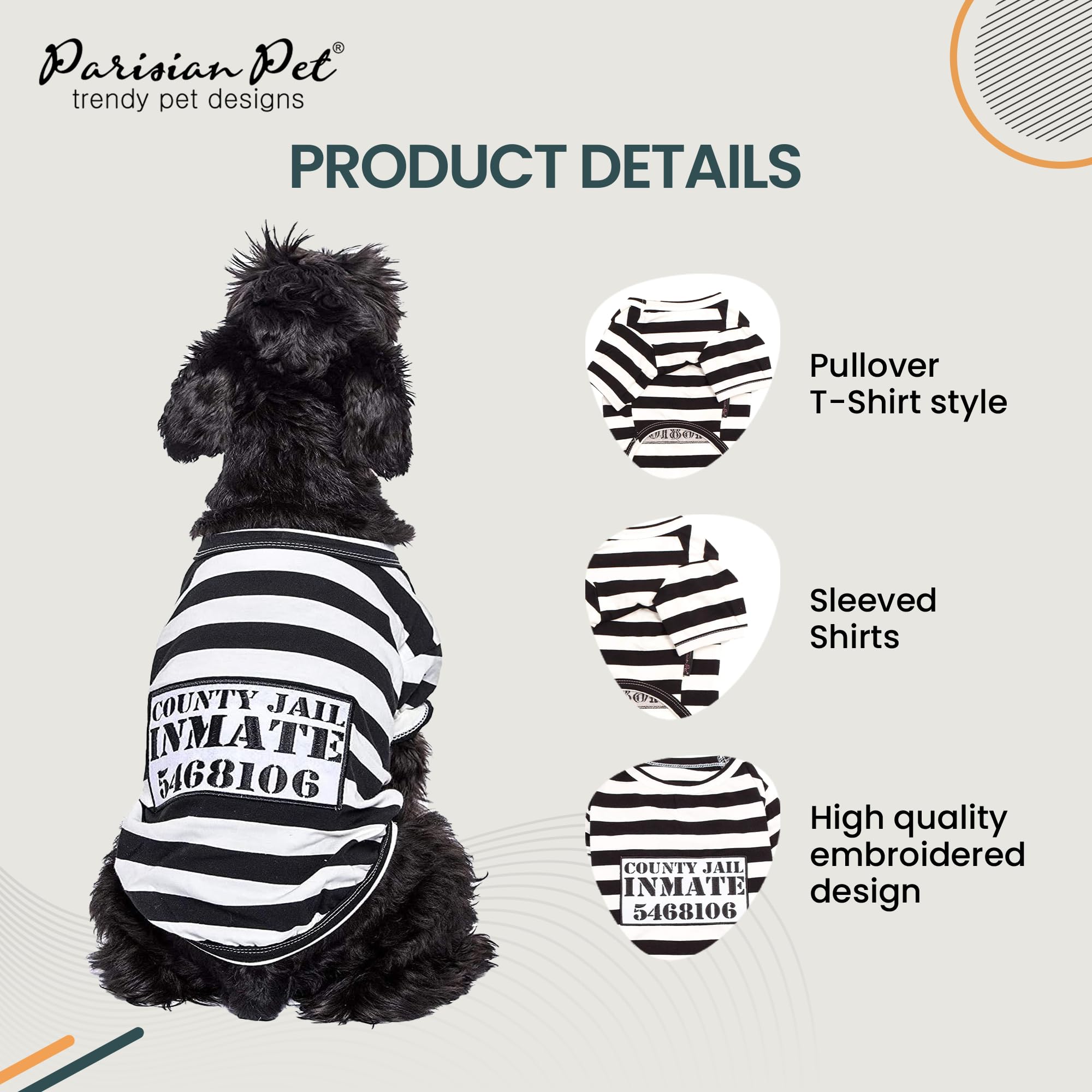 Parisian Pet Dog Shirt - Prisoner Dog Costume - 100% Cotton Black And White Strips Dog Clothes - Lightweight Polyester Dog Shirts - Sleeved Dog Costume For Medium Dogs - Pet Costumes - L
