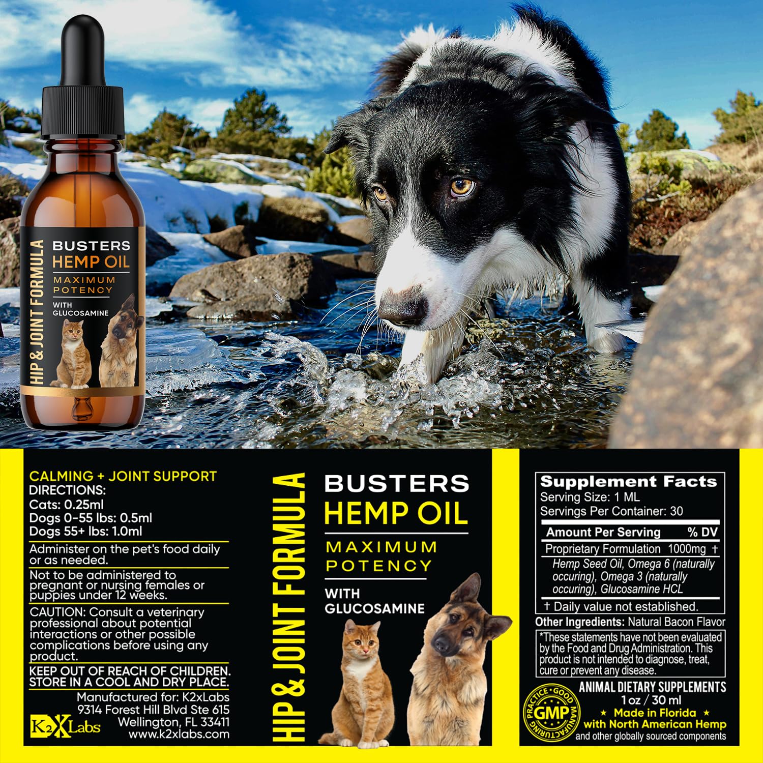 Busters Hip and Joint Hemp Oil for Dogs Formula with Glucosamine, 2Pack 2Month Supply, Soothing Relief for Cats, and Pets, Advan