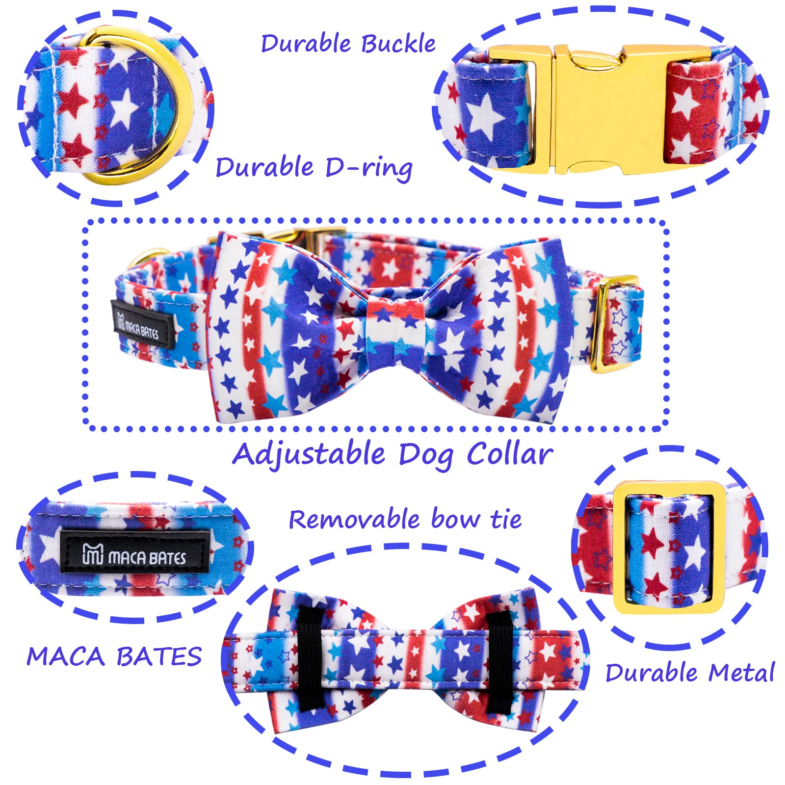 Maca Bates American Flag Dog Collar With Stars Bow Tie For Dogs Bowtie 4 Of 7 Blue Red And White Adjustable Durable Patriotic St