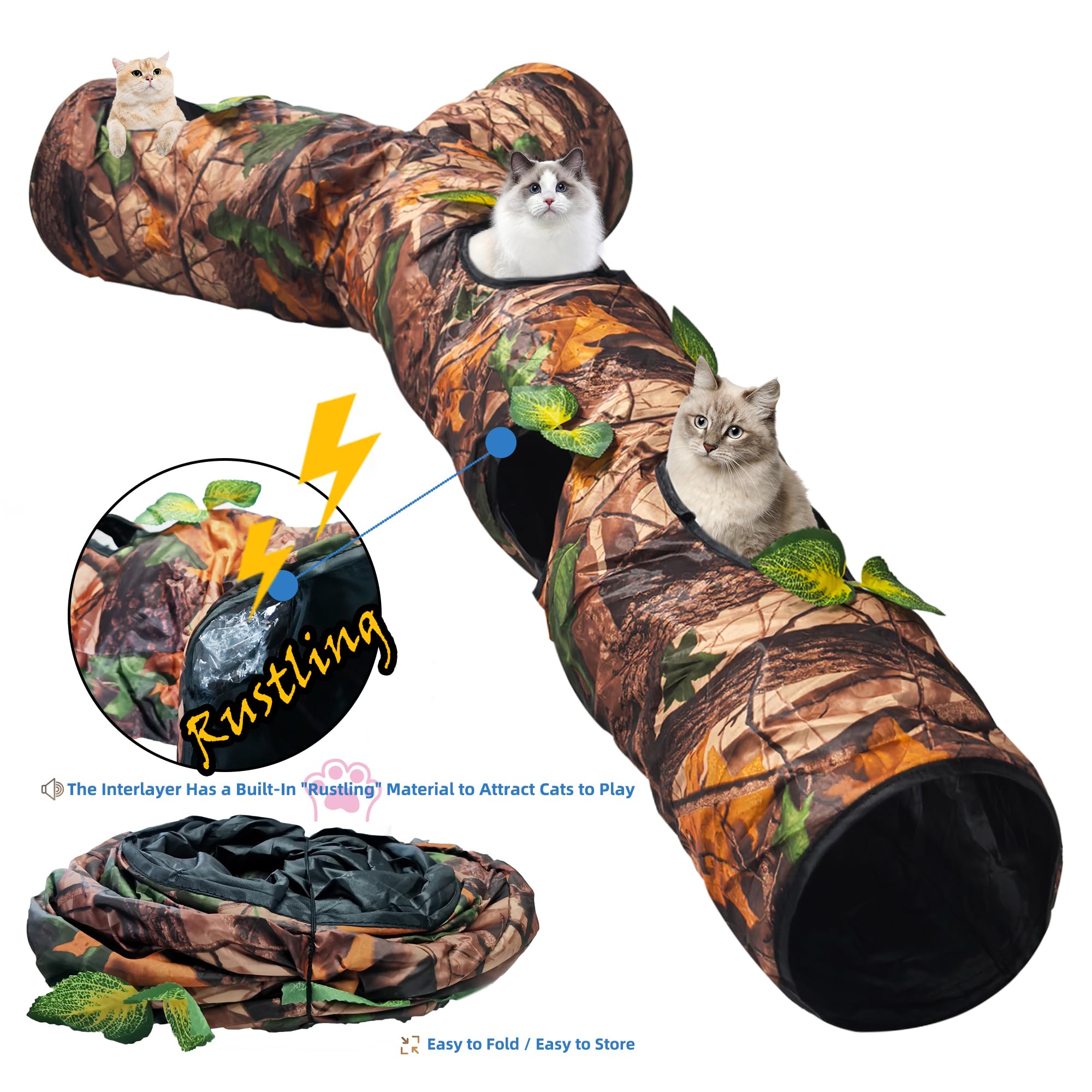 Felrelwel Cat Tunnel,59'' Large Y-Shape Cat Cave With 3 Rustle Channels & Leaves, Portable Cat Bed Toy For Indoor Kittens & Smal