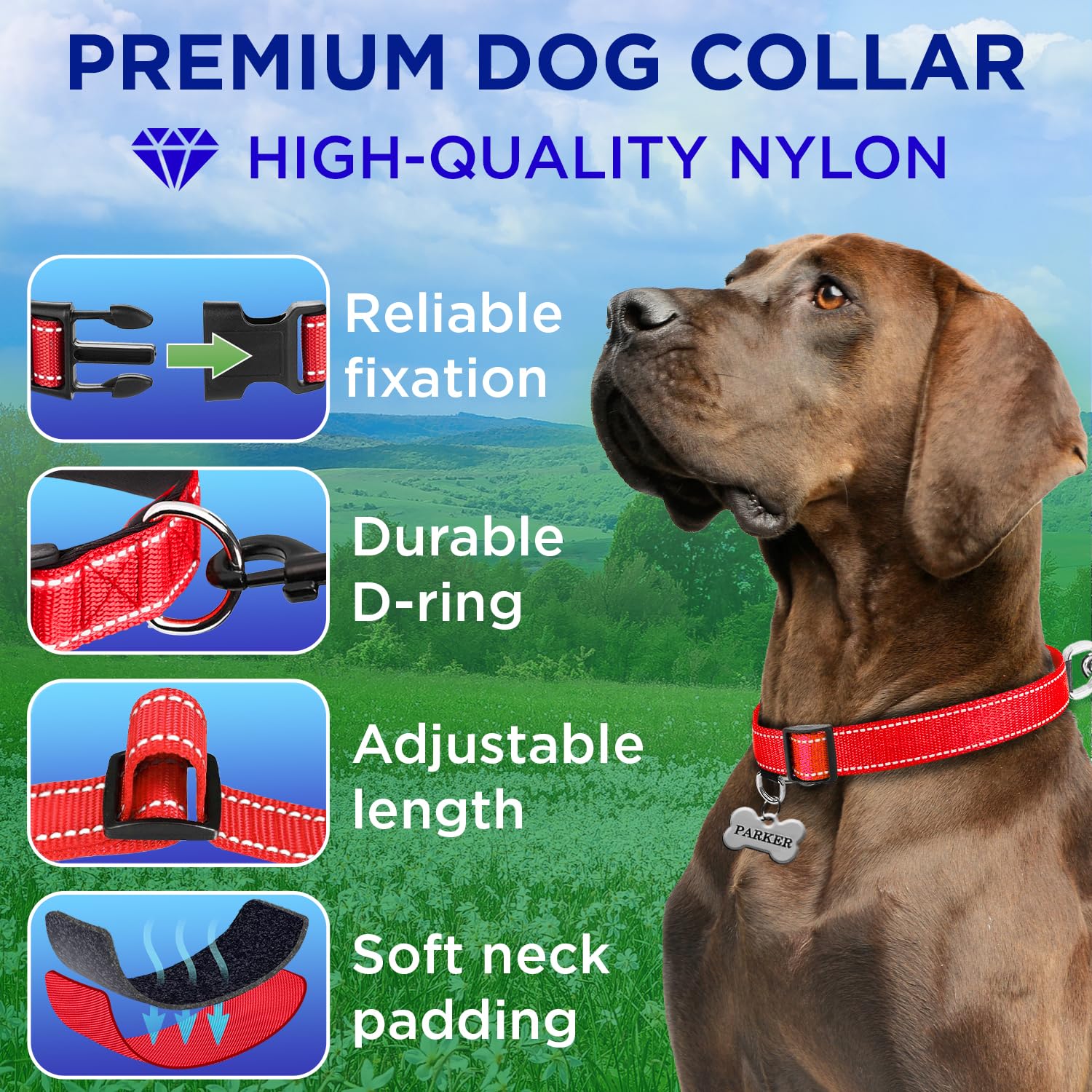 Teceum Reflective Pet Collar - Red - M - Extra Soft Padding - Basic Nylon Dog Collar - Quick Release Buckle - Fits Small, Medium