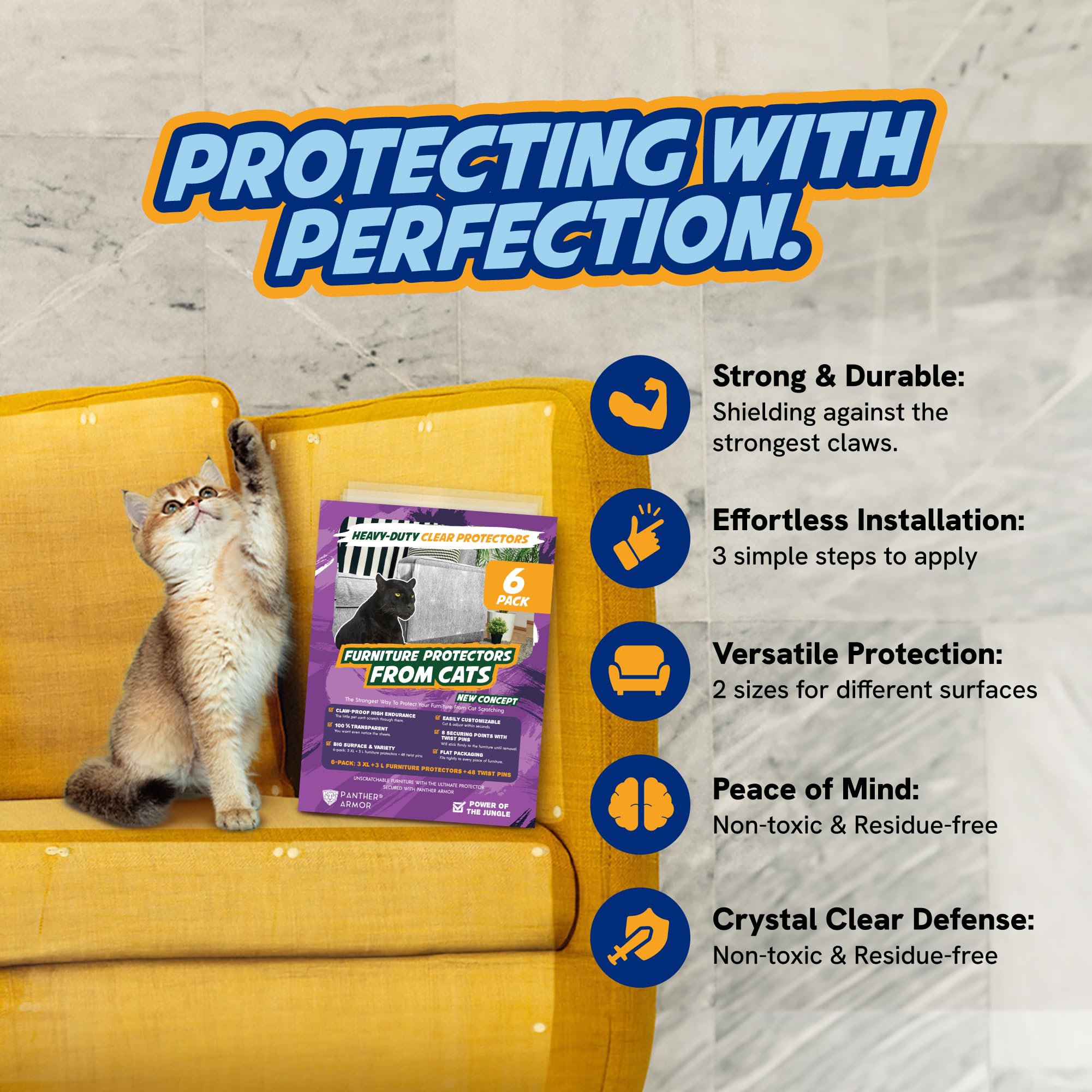 Panther Armor 6-Pack Clear Plastic Furniture Protector Sheets - Anti-Scratch Couch Corner Protectors for Cats - Model PantherVinyl6