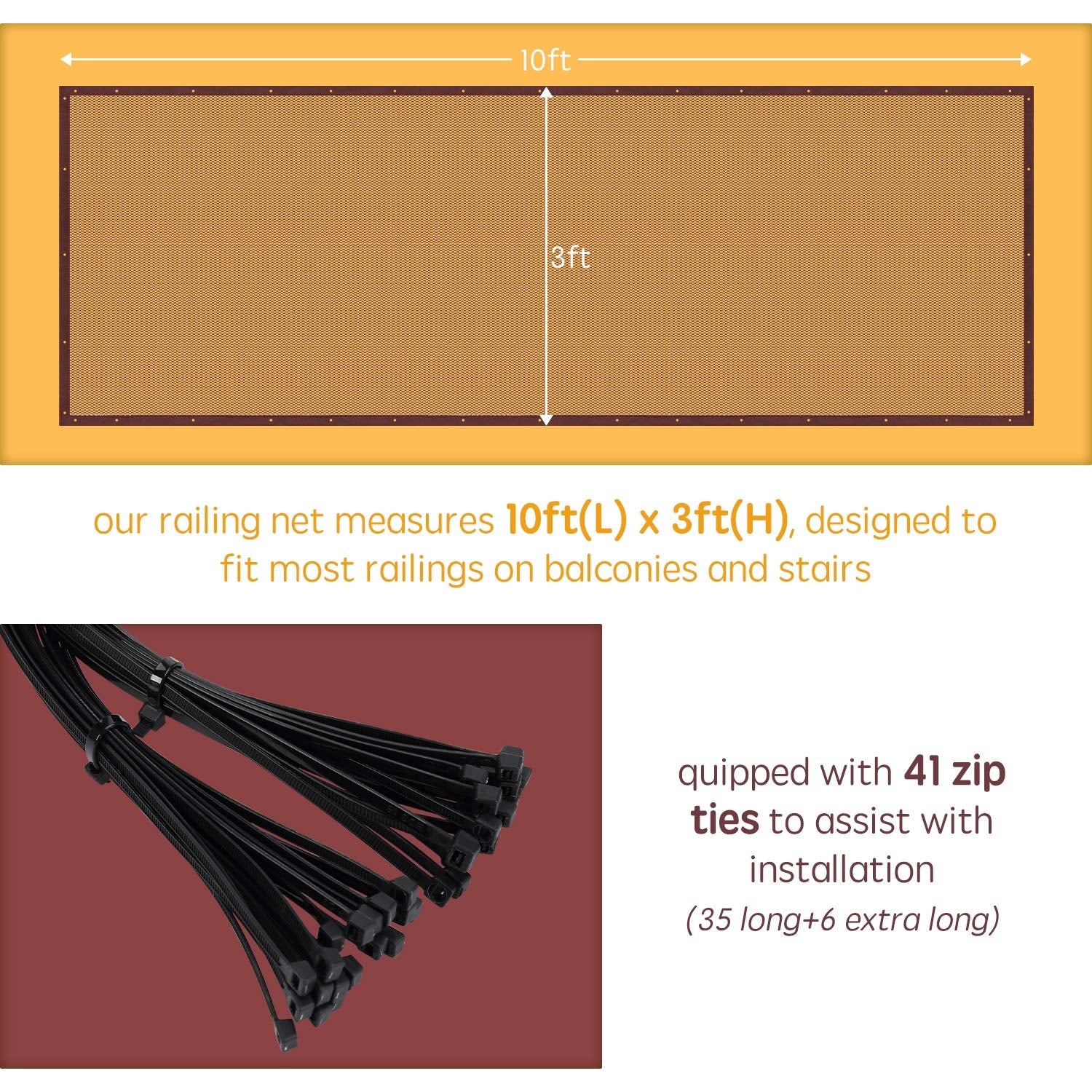 Banister Guard for Baby - 10ft x 3ft, Child Safety Net, Stair Railing Proof Mesh for Kids, Toys, Pets - Dark Brown