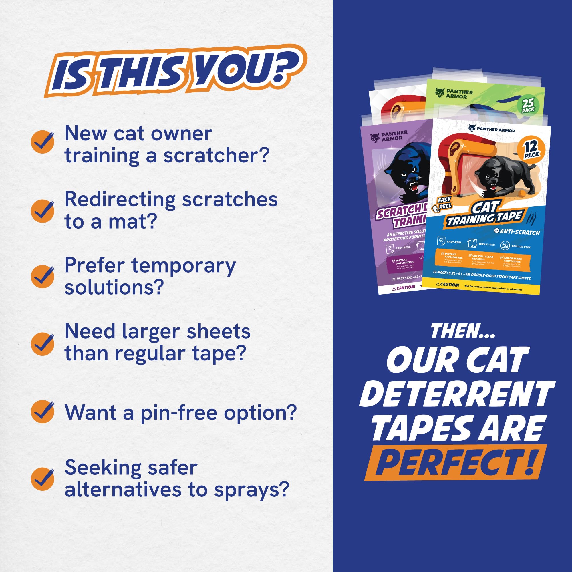 Panther Armor 20-Pack Anti Scratch Furniture Protectors - Deterrent & Cat Training Tape - Double Sided Sticky Tapes - Claw Proof Couch Protectors