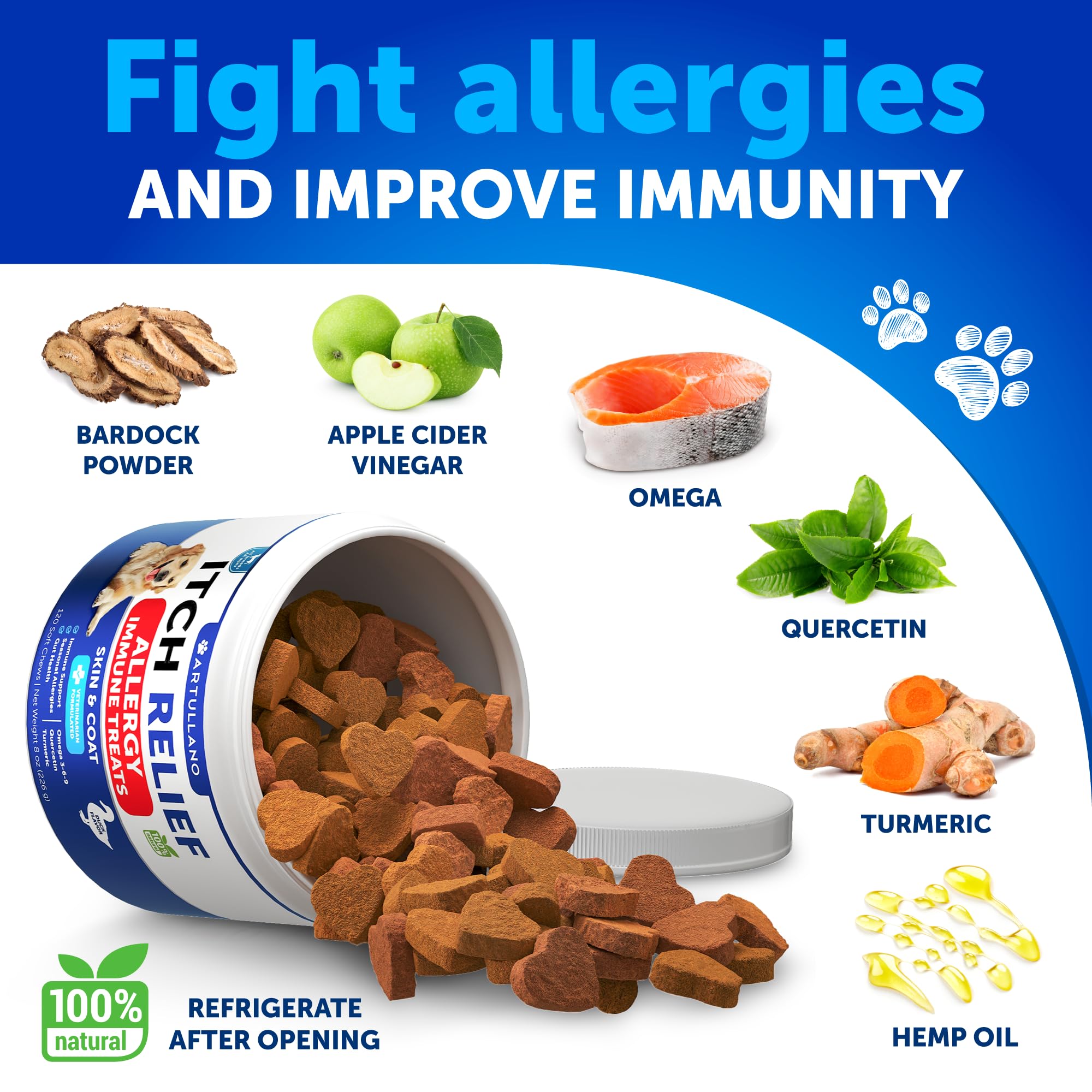 Artullano Dog Allergy Relief Chews - Omega 3 Fish Oil for Itchy Skin, Immune Support - 180 Chews - Made in USA