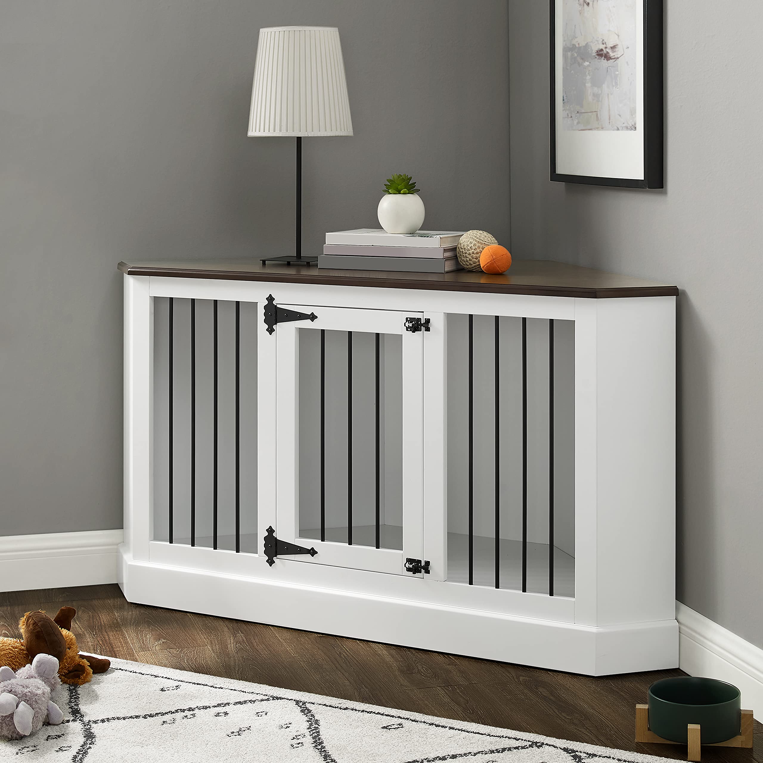 Crosley Furniture Winslow Corner Dog Crate Credenza Kennel for Pets, White