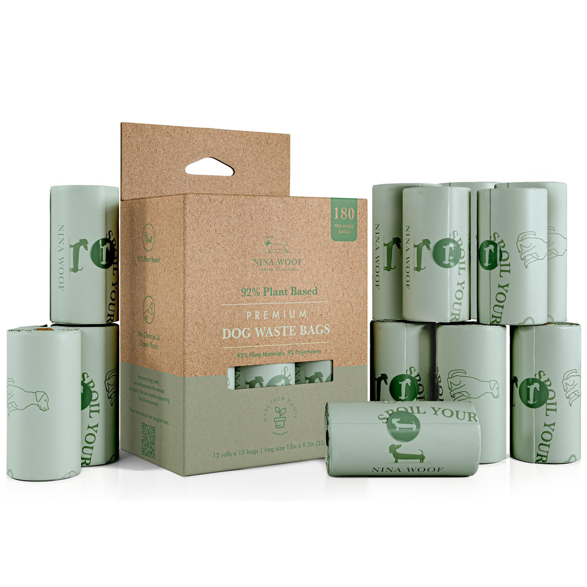 Nina Woof Eco-Friendly 92% Plant-Based Dog Poop Bags Rolls -180 Extra Thick, Durable, Leak-Proof, Odorless, Convenient Disposal 
