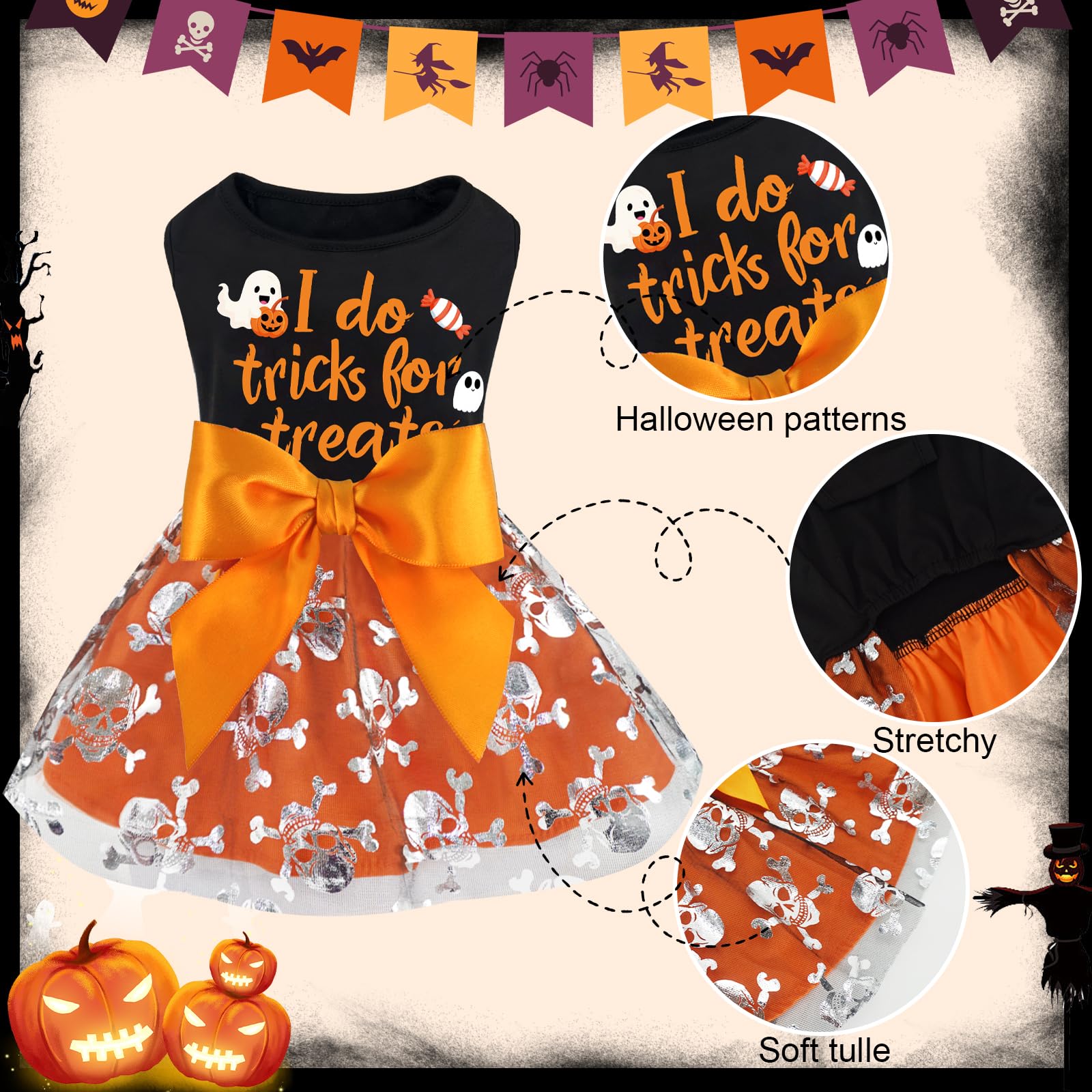 Xpudac Halloween Dog Dress Costumes For Small Dogs Girl Tulle Dress Dog Clothes Skull Holiday Pet Costume Cat Outfits, Orange-Me