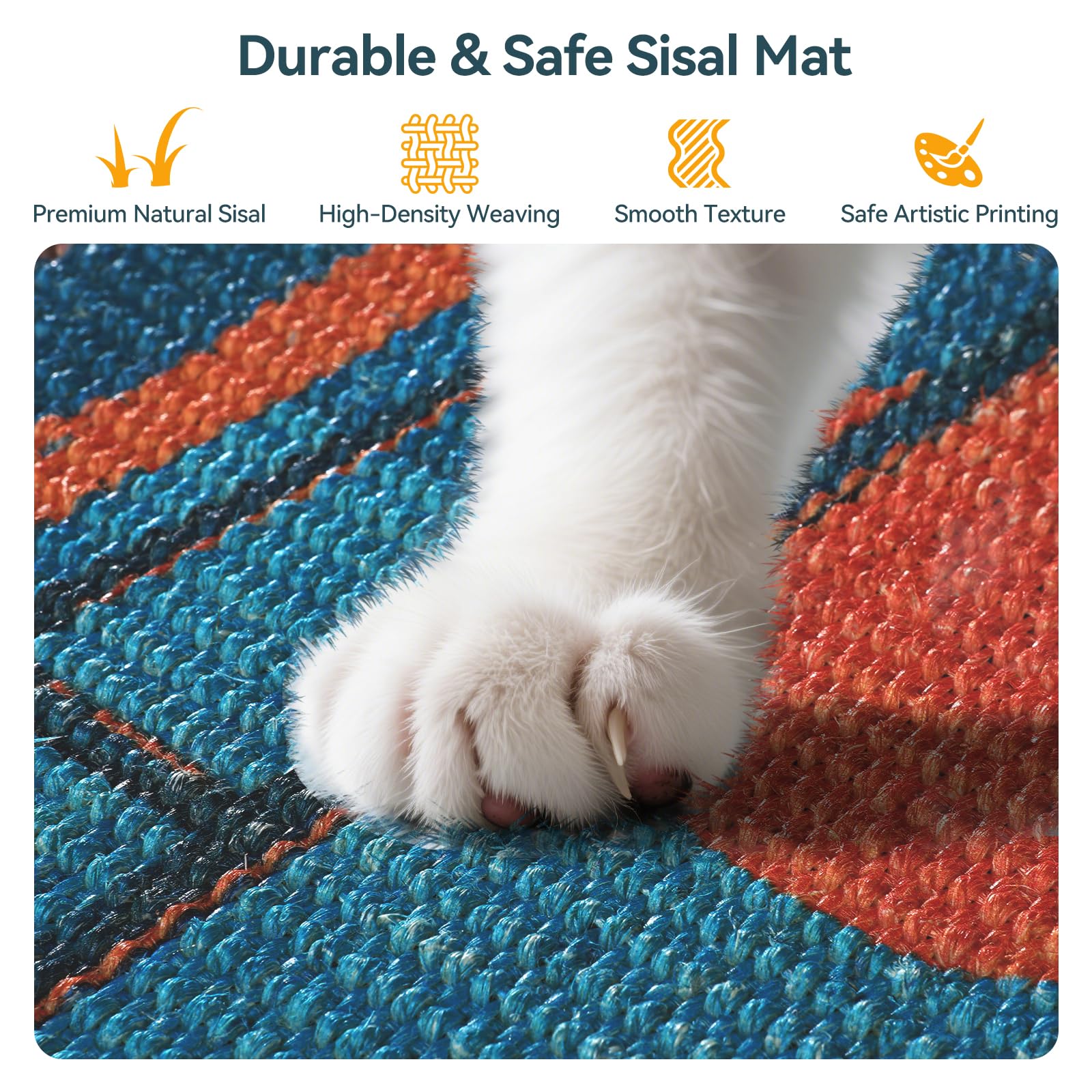 3-In-1 Sisal Cat Scratcher Mat 23.6X15.7'' - Floor & Wall Use With Sticker Tape, Protects Furniture, Couch & Carpet, Anti-Slip,