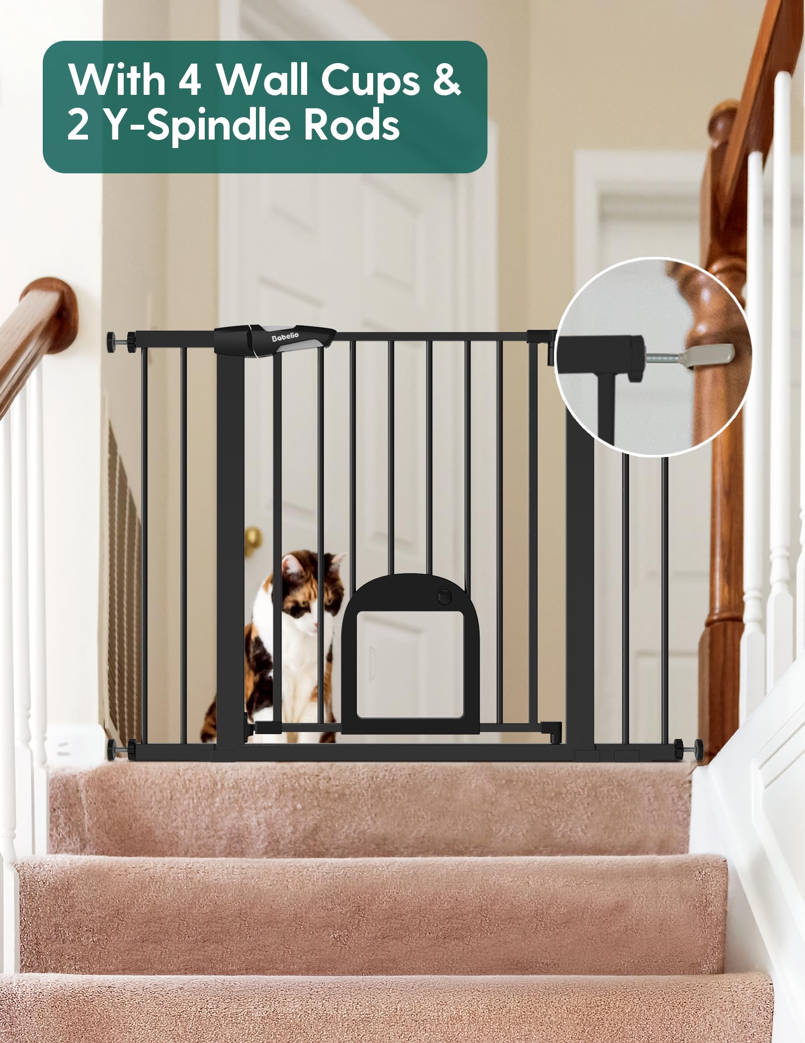 Babelio Upgraded Baby Gate with Cat Door, 29-43 Auto Close Durable Dog Gate for Stairs, Doorways and House, Easy Walk Thru Safet