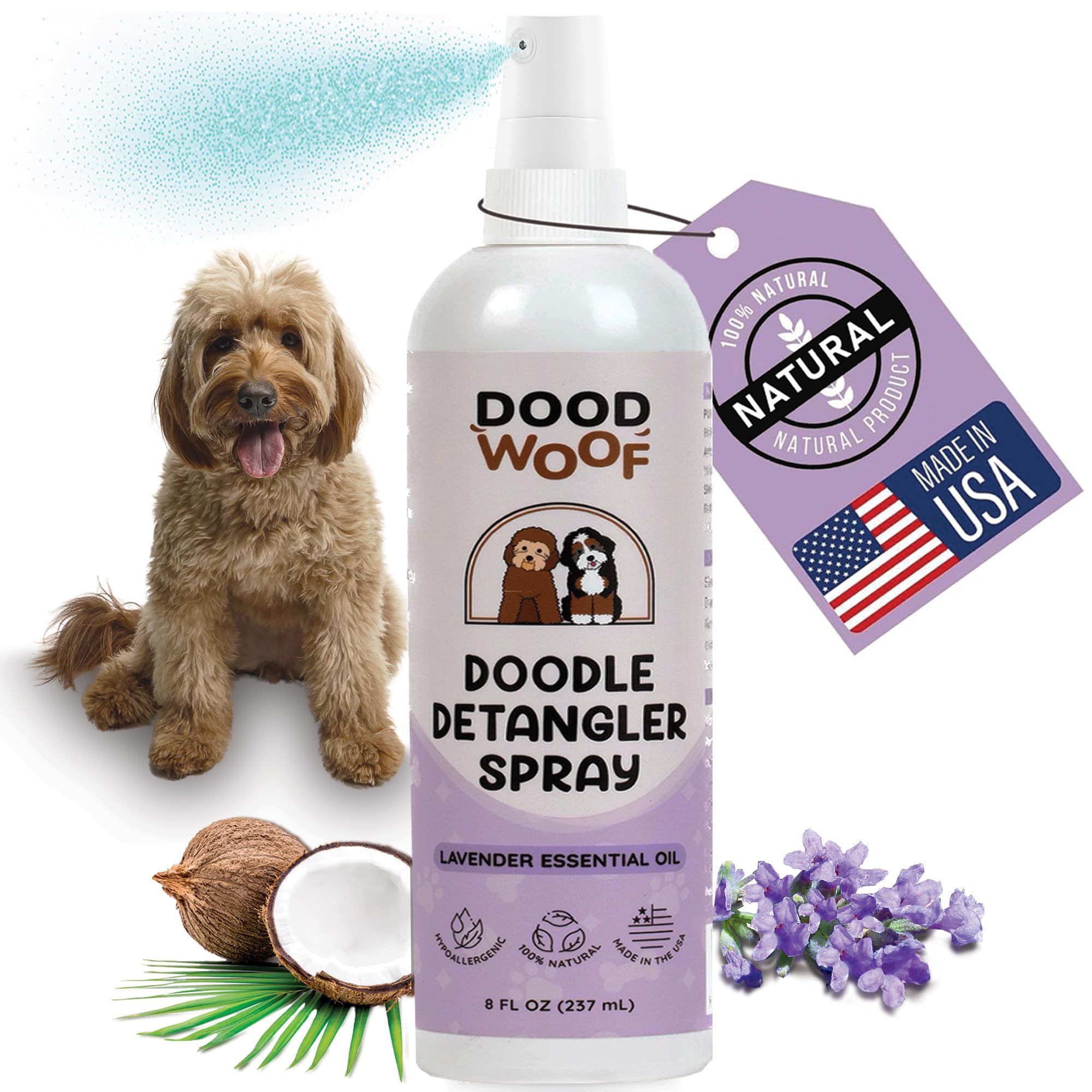 Dood Woof Dog Detangler Spray Dematting For Doodle | Natural Dog Leave In Conditioner Spray For Grooming And Mat Removal | Detan