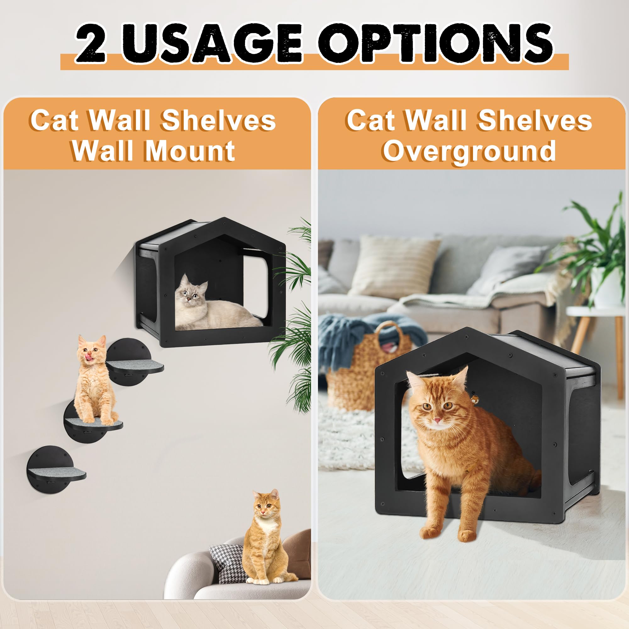 Cat Wall Shelves, Cat Shelves And Perches For Wall, Cat House Fit Cat Up To 25Lbs, 1 Cat Condo House And 3 Large Cat Steps With Scratching Pad, Cat Climbing Shelf For Indoor, Cat Wall Furniture