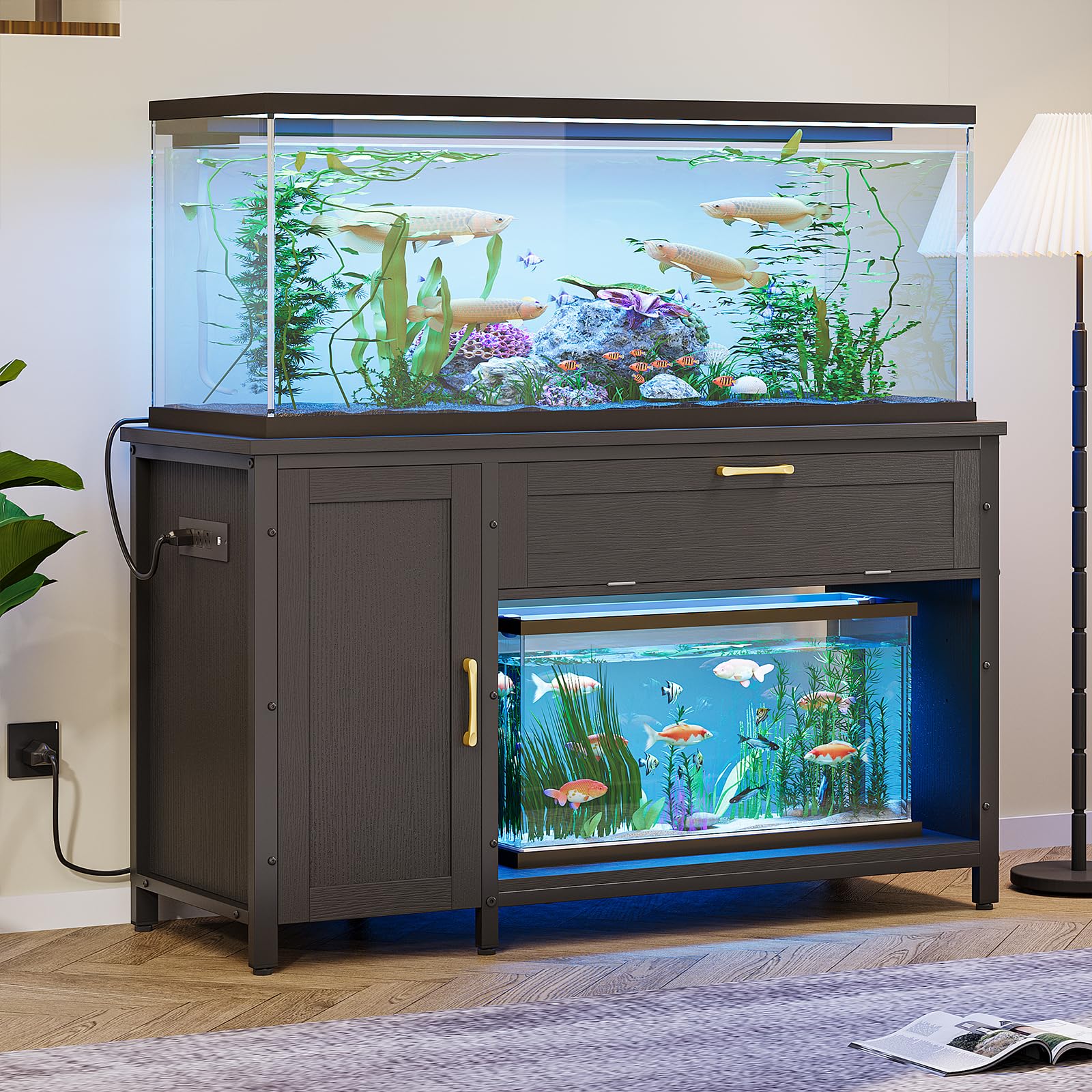 Bestier 55-75 Gallon Fish Tank Stand with Power Outlet&LED Light, 49x19 Heavy-Duty Metal Aquarium Stand with Cabinet&Drawer for 
