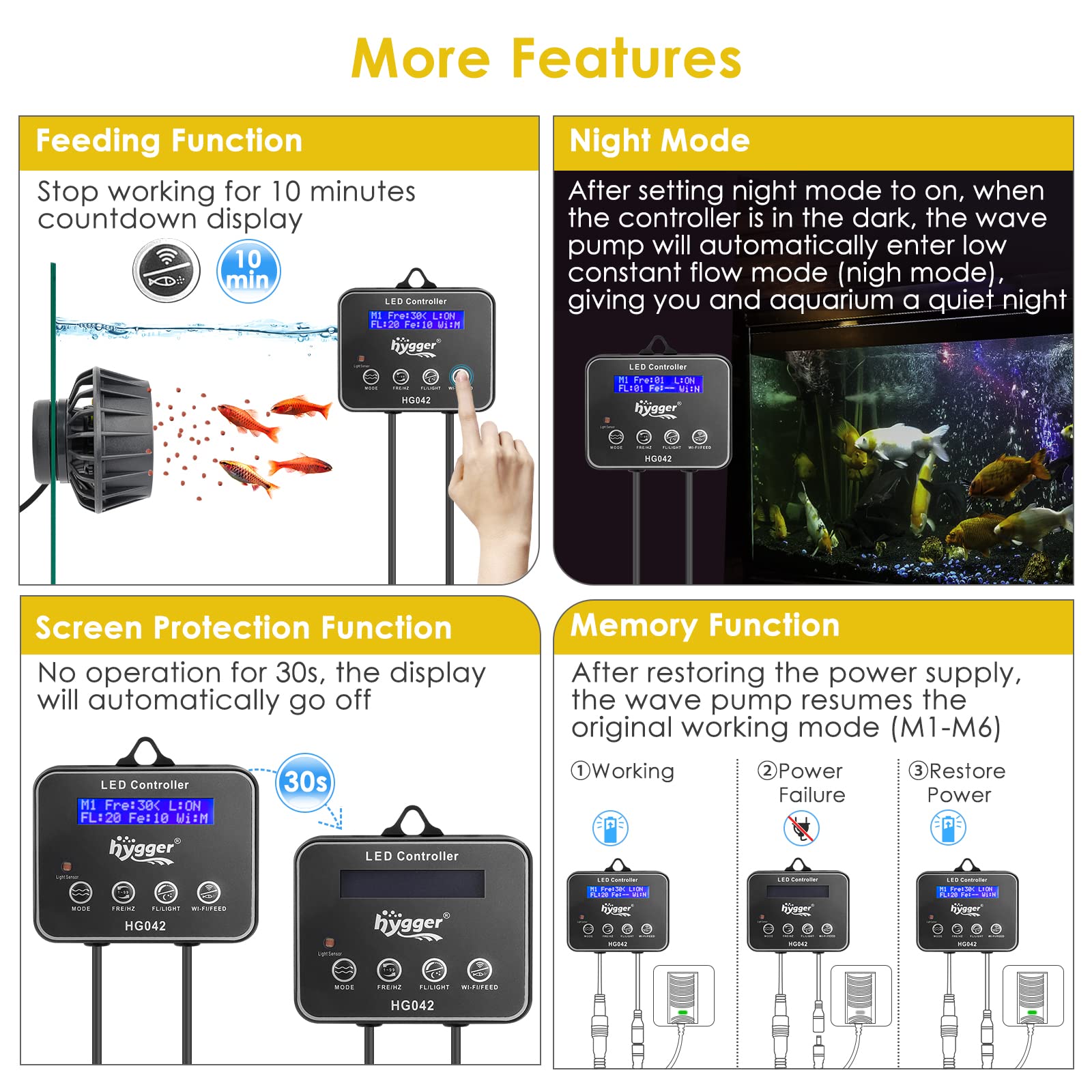 hygger 3400 GPH Aquarium Inverter Wavemaker Pump with LED Controller, DC 24V 18W Ultra-quiet Submersible Power Head with Magneti