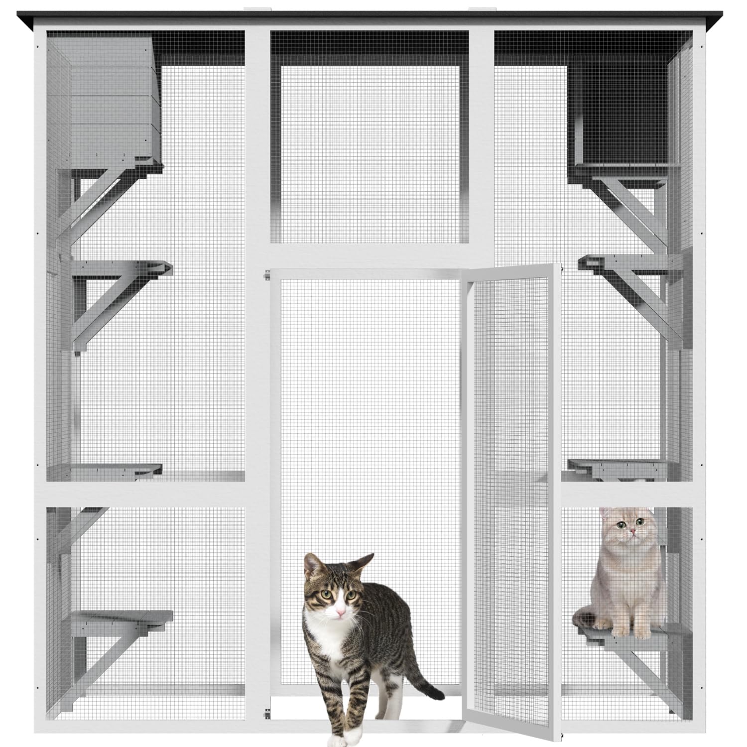 Miscoos Outdoor Wooden Cat Catio - Large Solid Wood Cat Cage Playpen With 8 Jumping Platforms & 2 Napping Houses, Walk-In Cat Ke