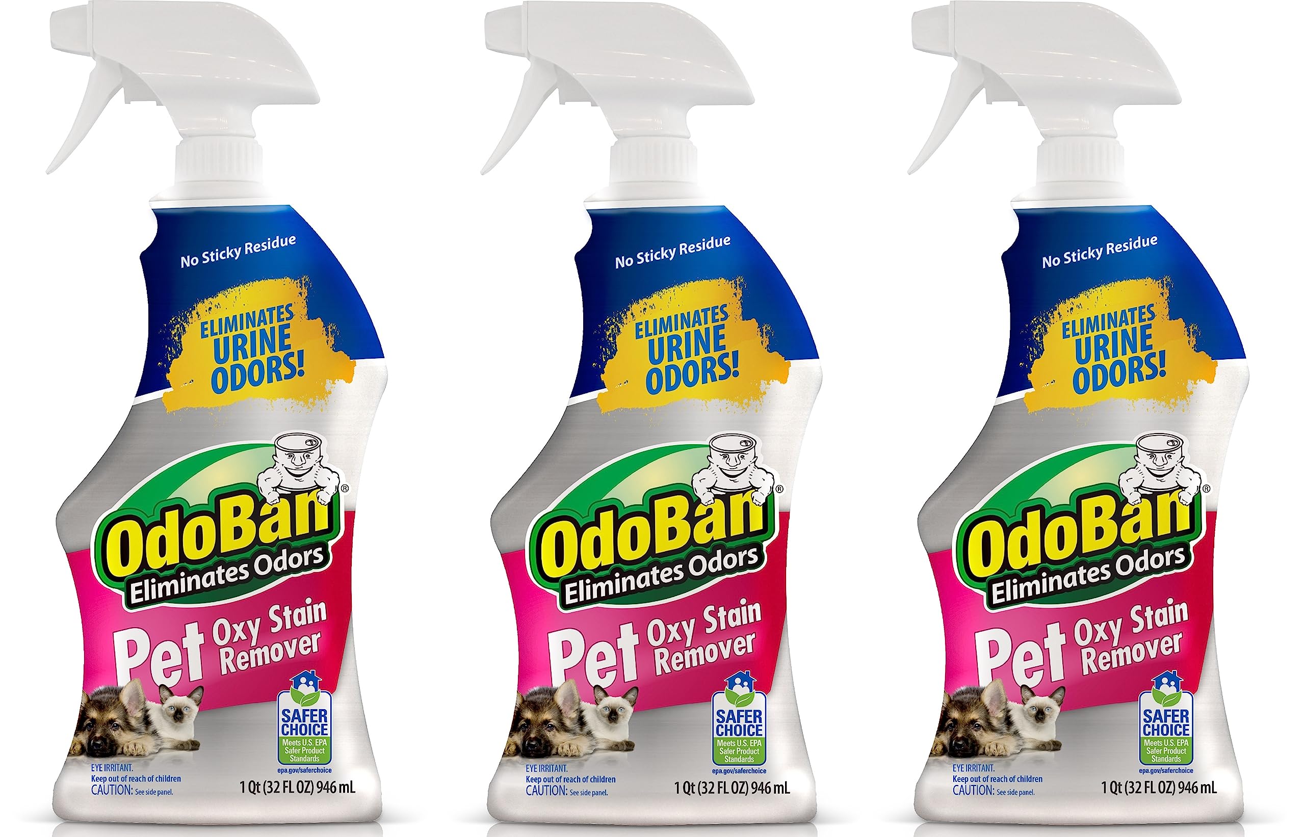 Odoban Pet Solutions Oxy Stain Remover, Pet Stain Eliminator, 3-Pack, 32 Ounce Spray Each