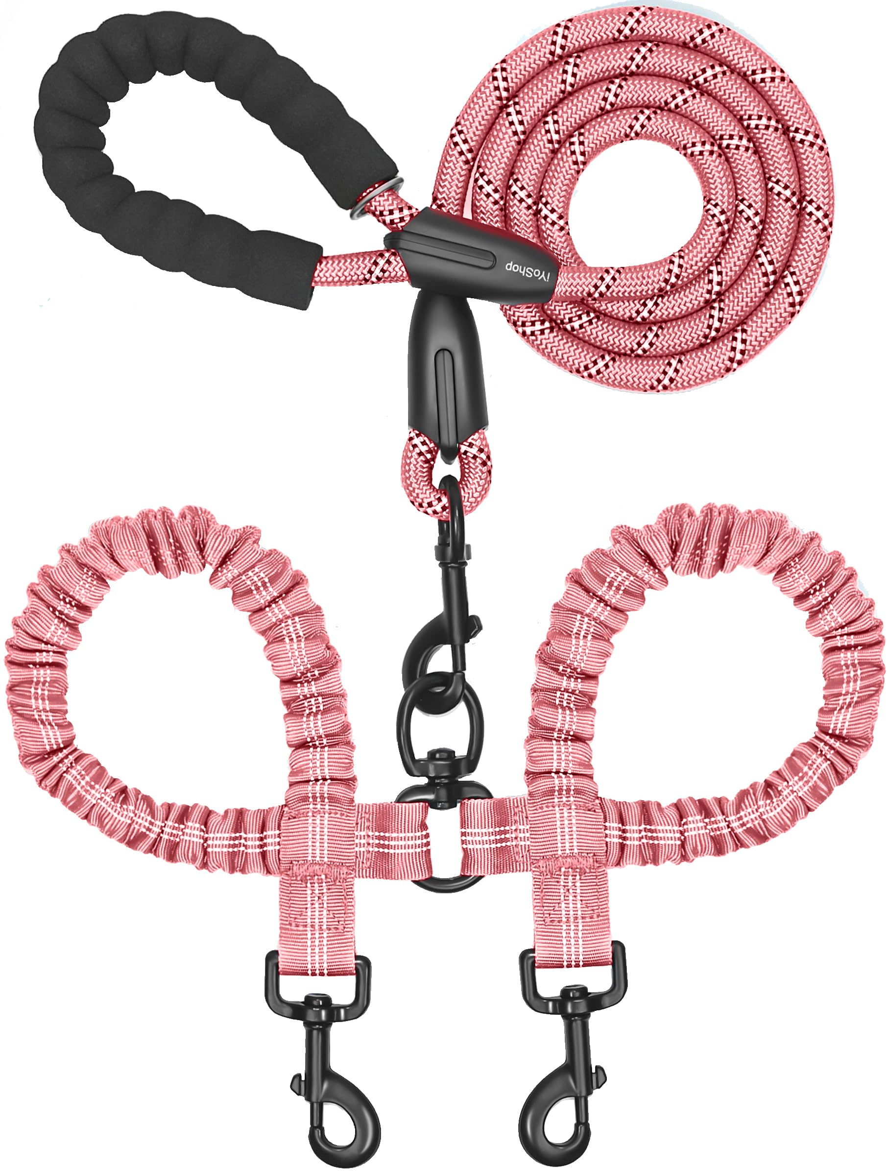 Iyoshop Dual Dog Leash, Double Dog Leash, 360 Swivel No Tangle Walking Leash, Shock Absorbing Bungee For Two Dogs, Large (25-150 Lbs), Baby Pink