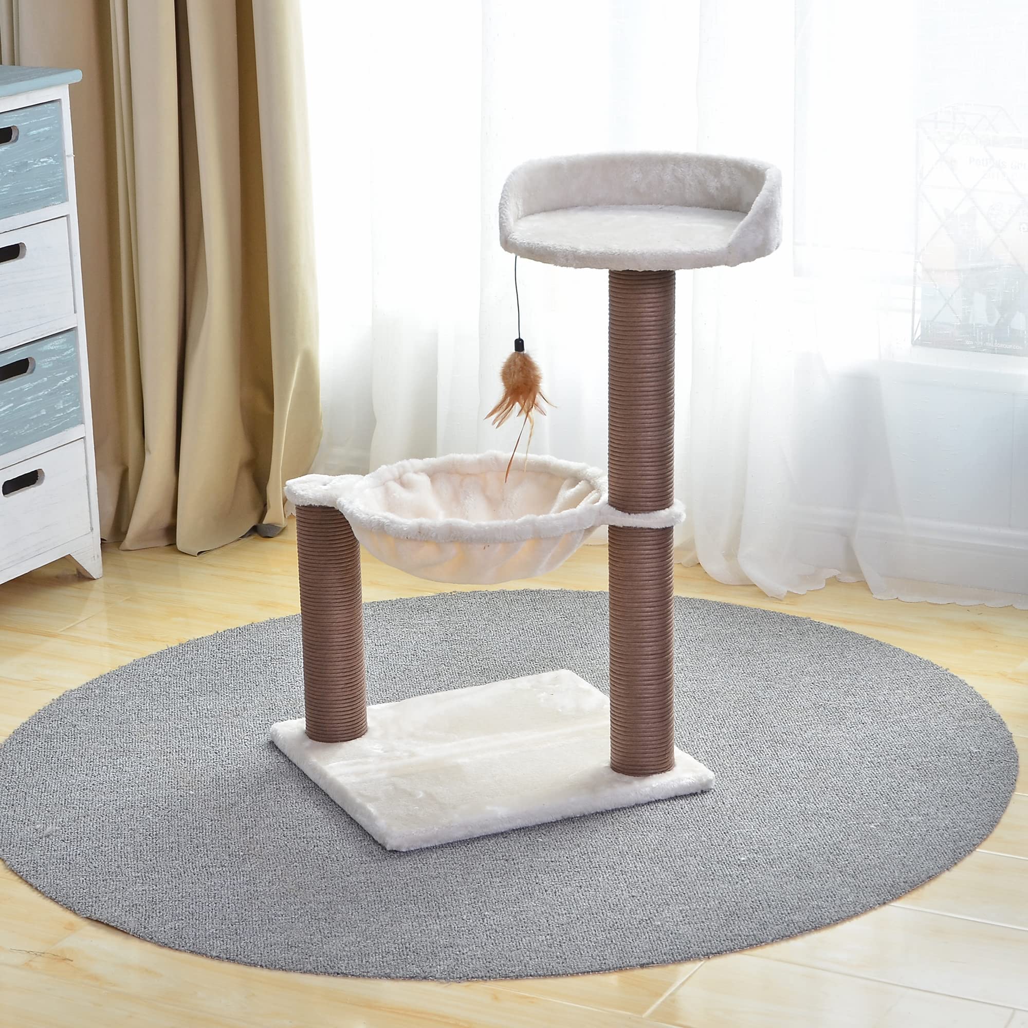 Catry Cat Tree With Feather Toy - Cozy Design Of Cat Hammock Allure Kitten To Lounge In, Cats Love To Lazily Recline While Playing With Feather Toy And Scratching Post, (Innovative Arrival)