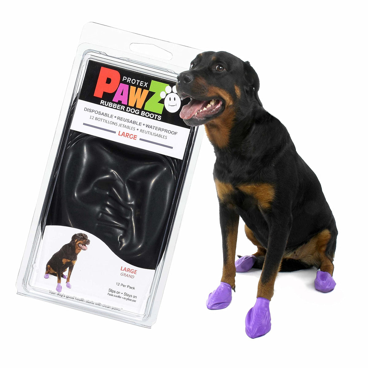 Pawz Rubber Dog Boots For Paws Up To 4', 12 Pack - All-Weather Dog Booties For Hot Pavement, Snow, Mud, And Rain - Waterproof, Anti Slip Dog Socks - Large, Black